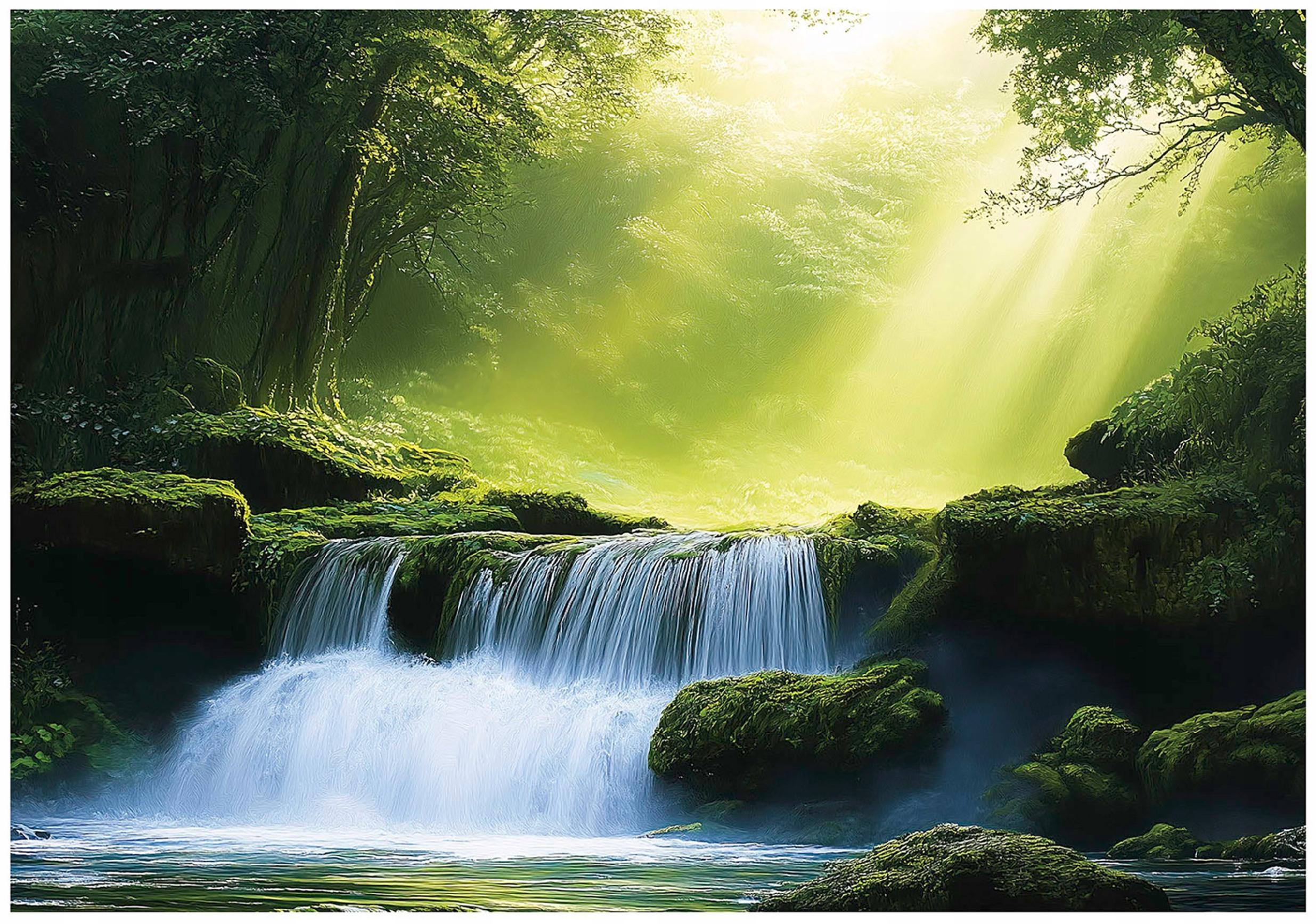 FOTOTAPETE 3D Effekt Wasserfall Wald Wohnzimmer 300x210 - Multicolor, Papier (300/210cm) - Wallarena