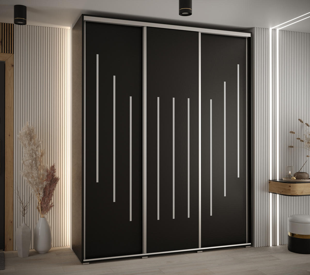SCHWEBETÜRENSCHRANK 235,2/200/60 3-türig - Silberfarben/Schwarz, Holz/Metall (200/235/60cm) - Abiks Möbel
