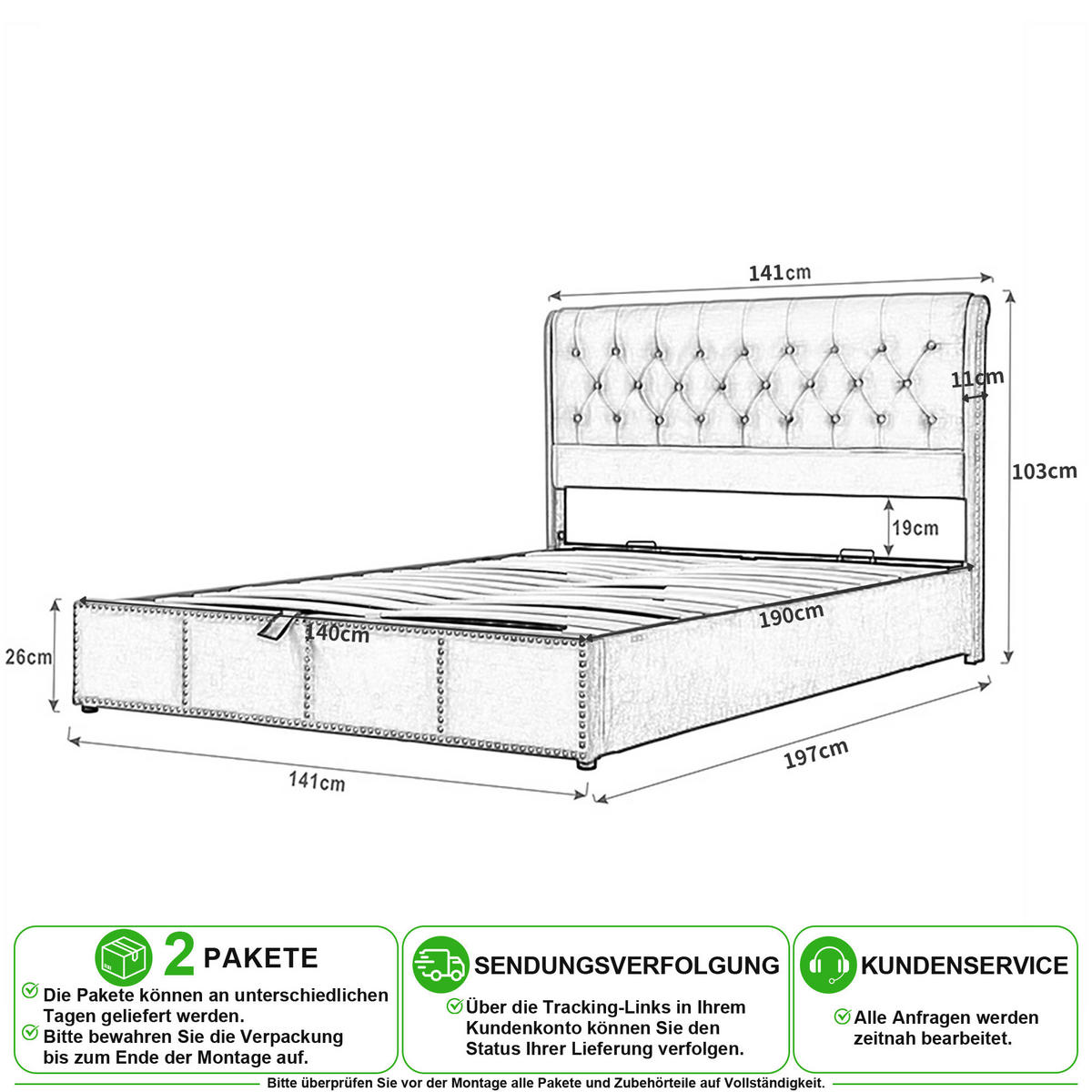 POLSTERBETT 140/190 cm in Grau Samt mit Bettkasten und Nieten - Grau, Holzwerkstoff/Textil (140/190cm) - CHICFURN