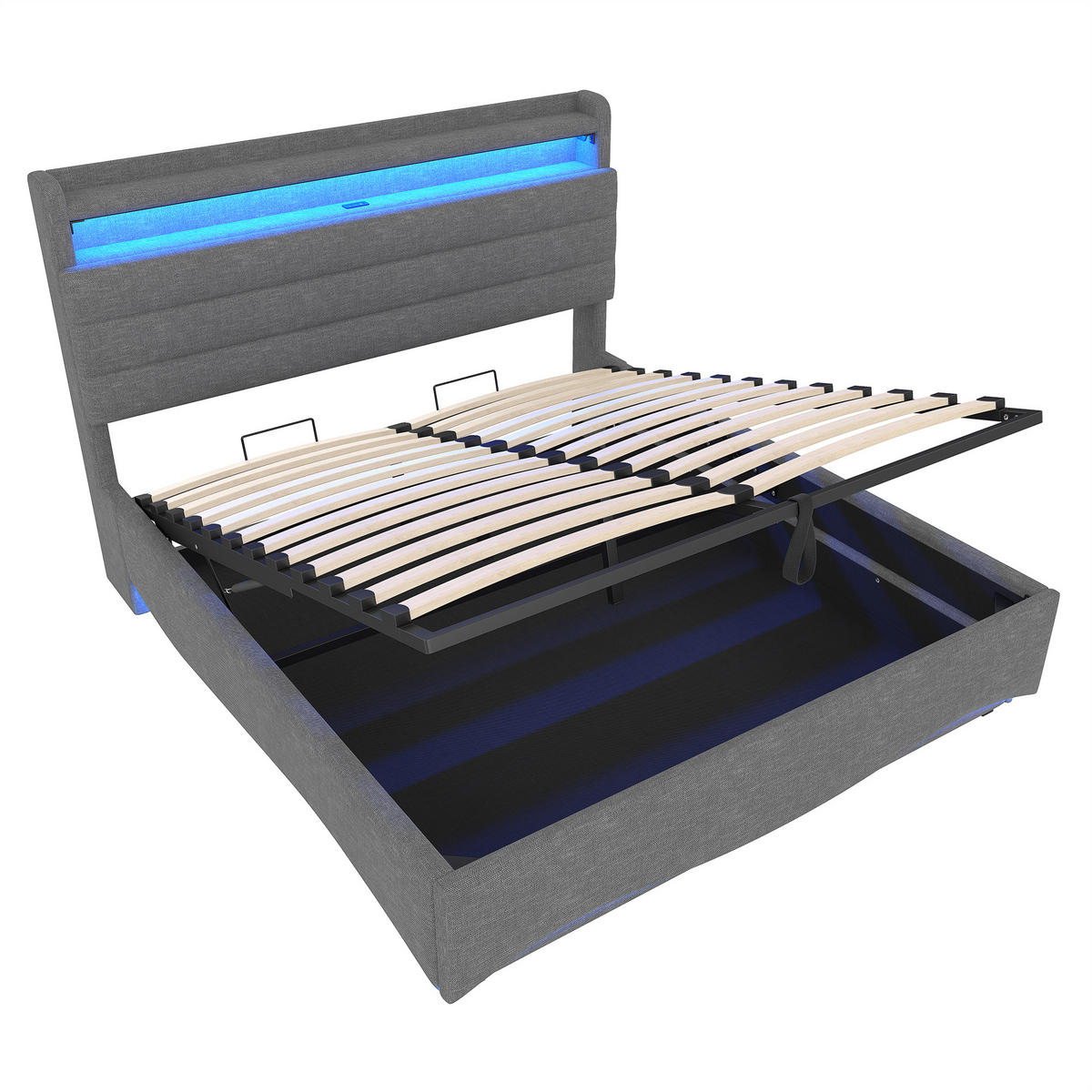 POLSTERBETT 140/200 cm beige aus Leinen mit LED und Stauraum - Beige, Textil (140/200cm) - OKWISH