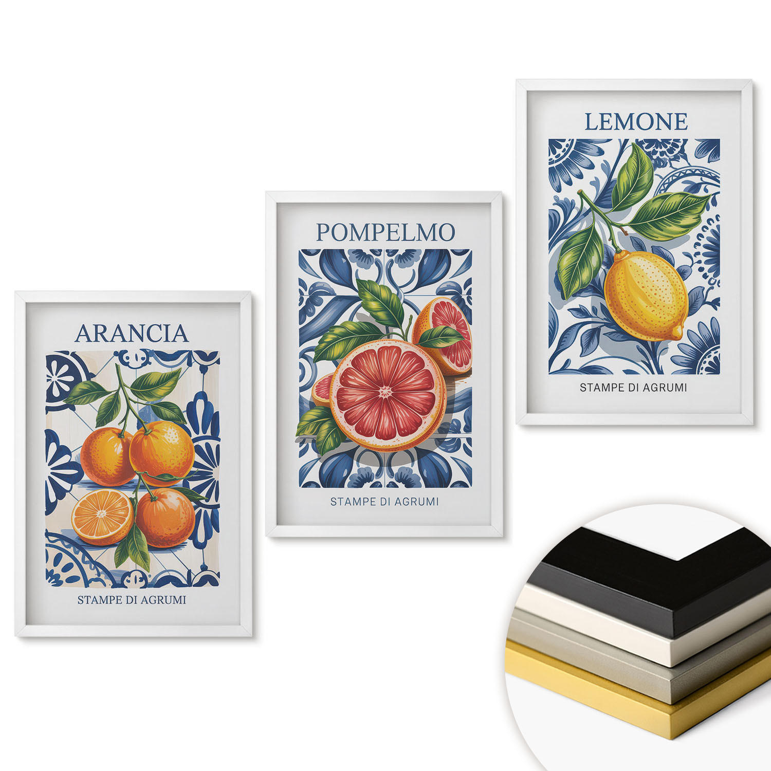 WANDBILDER 3er-Set - 40x60 cm Weißer Rahmen - Italienische Zitrus-Modeplakate - Weiß, Kunststoff (40/60cm) - ArtPrintCave
