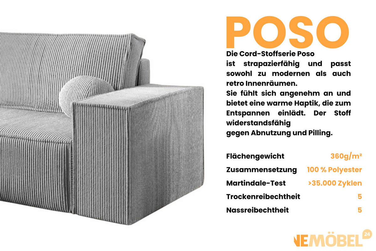 ECKSOFA NEPTUN 255/148 in Cord Hellgrau links - Hellgrau, Holz/Holzwerkstoff (255/148cm) - Deine Möbel 24