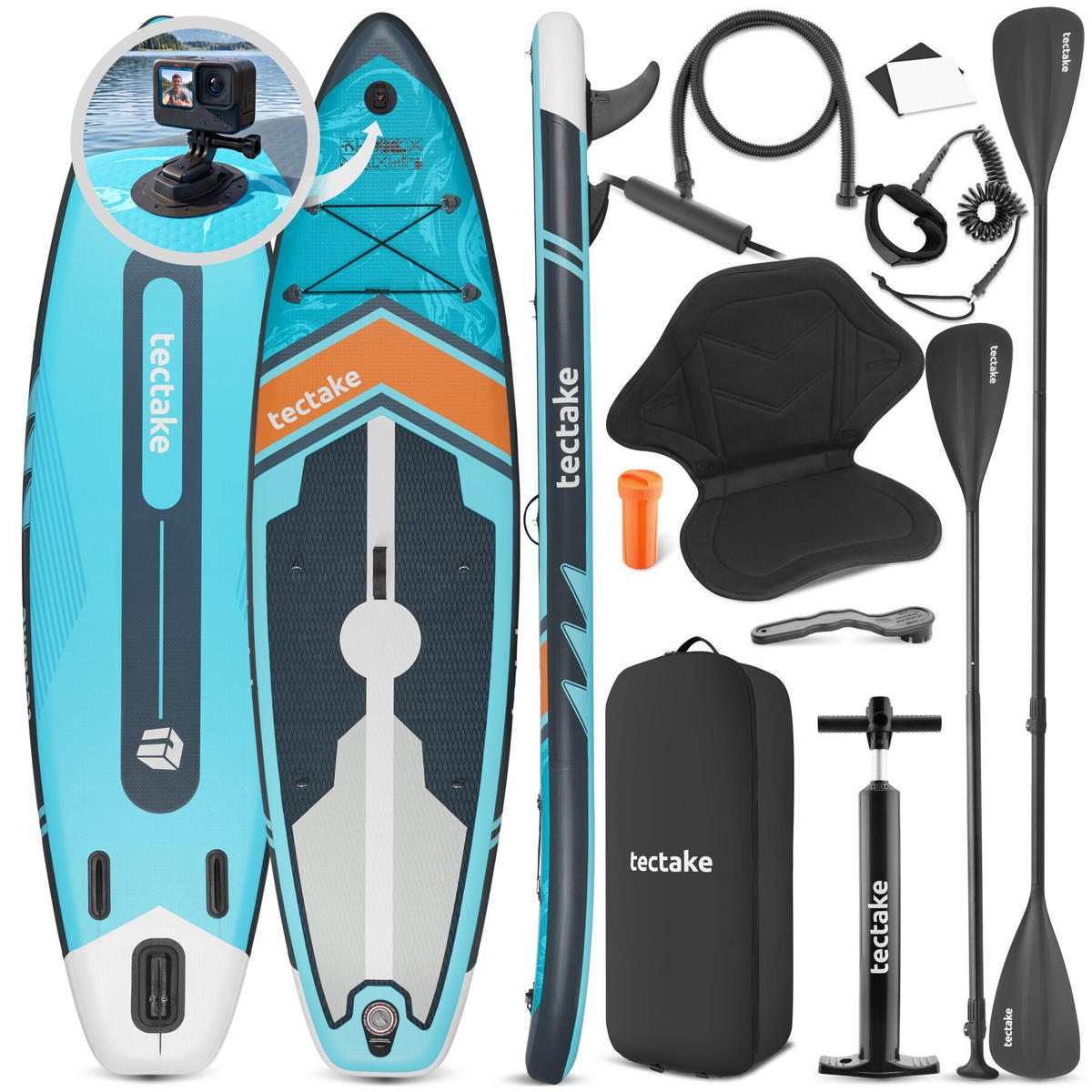 STAND-UP PADDLE BOARD Palagios, Belastbarkeit 200 kg, inklusive Kajak-Sitz, türkis/orange - Türkis, Kunststoff (320/84/0.4cm) - tectake