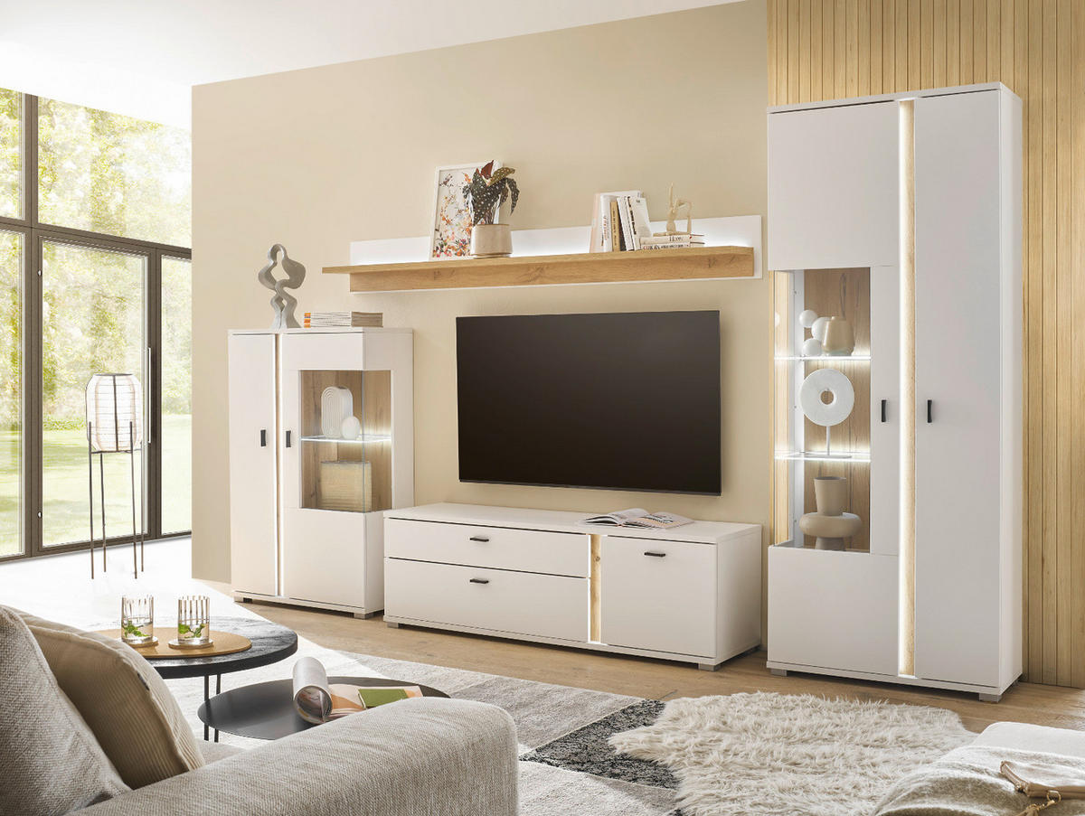 VITRINE weiß matt, Eiche Wotan 80 x 200 cm, Vitrinenschrank inklusive Frontbeleuchtung - Silberfarben/Eiche Wotan, Glas/Holzwerkstoff (80/200/35cm) - Furn.Design