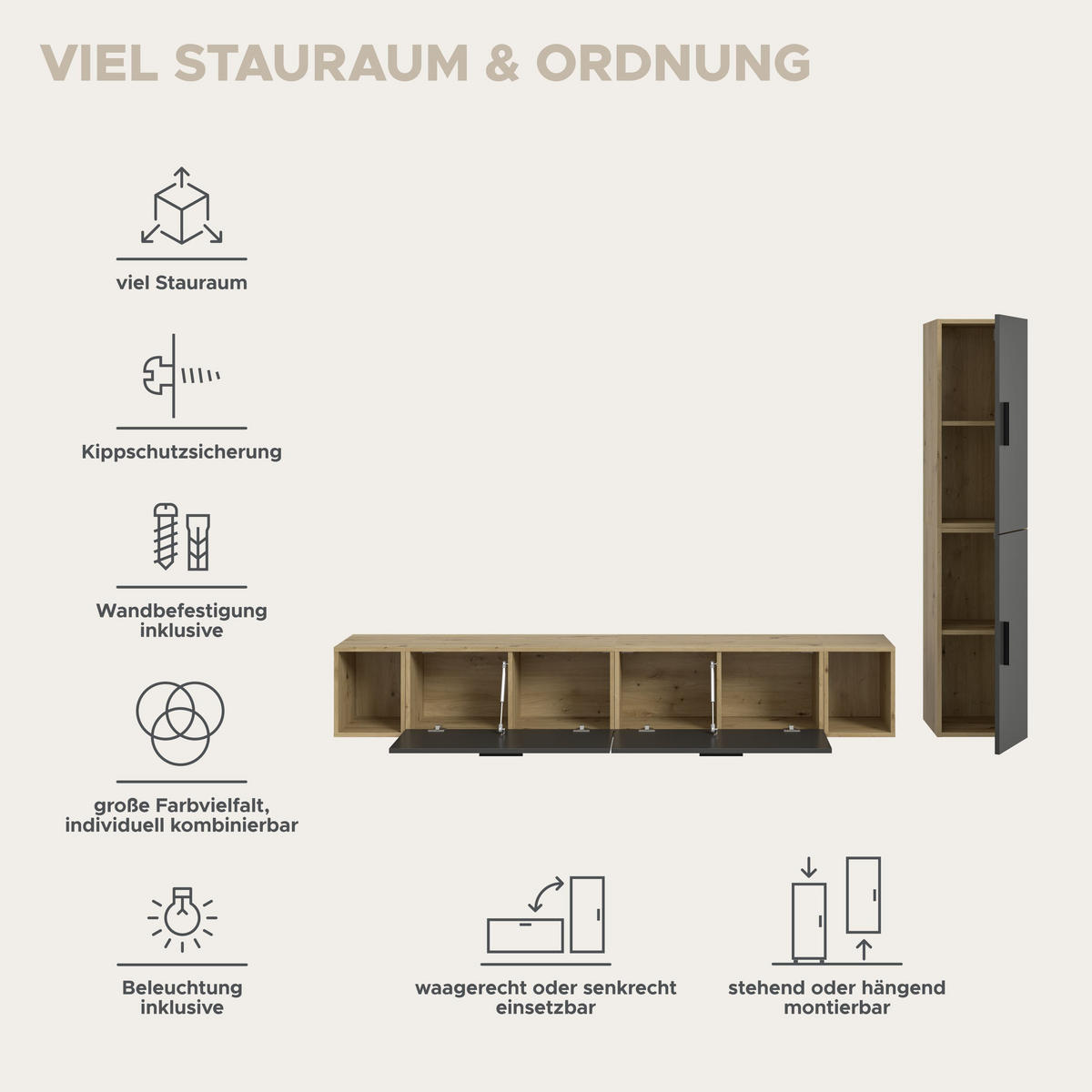 WOHNWAND INKL BELEUCHTUNG The One Basalt grau 259/34/182 cm - Braun, Holzwerkstoff (259/182/34cm) - Xonox