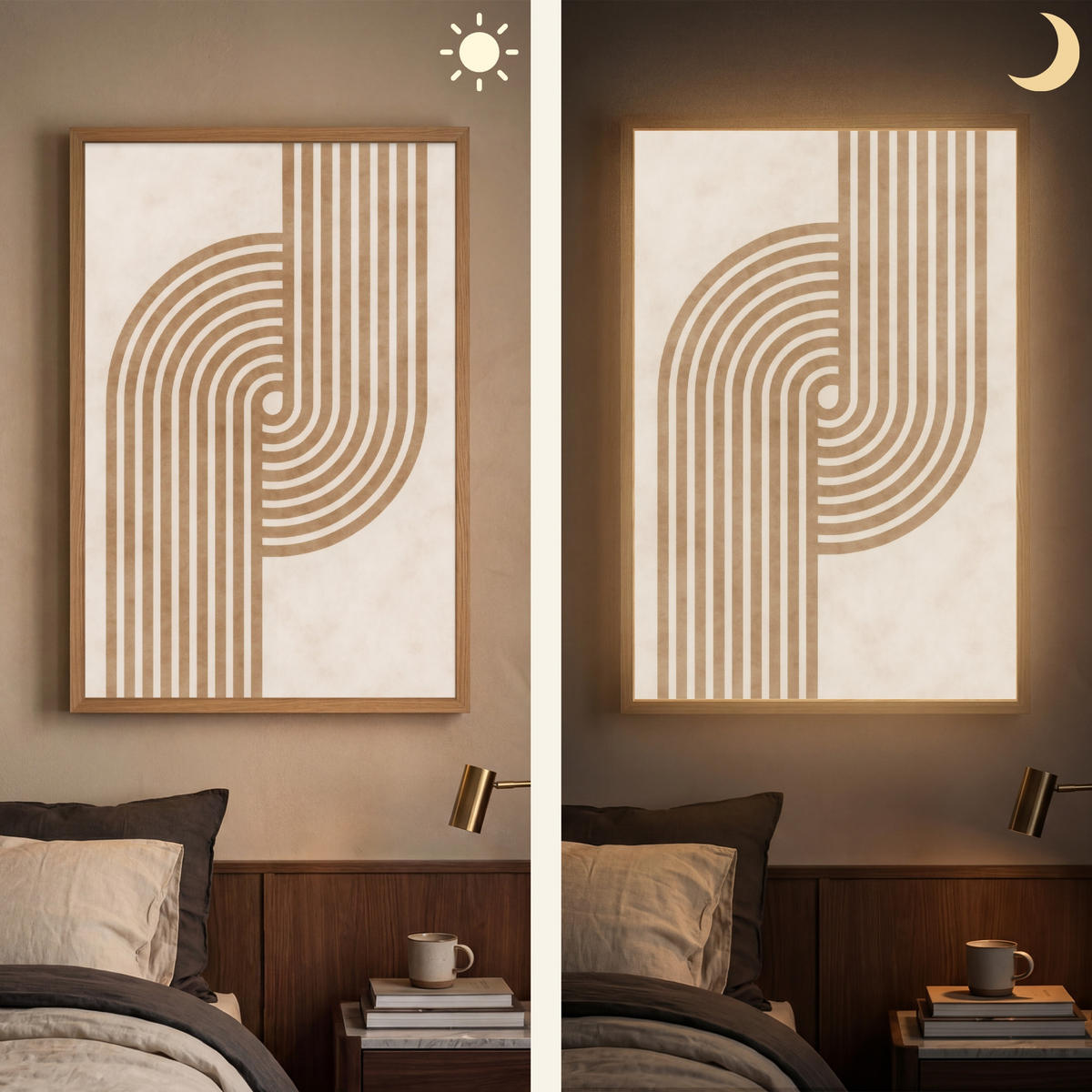 NÁSTĚNNÁ LAMPA S AKUMULÁTOREM Symetrický ohyb - měděná barva 60x90 cm - béžová, kompozitní dřevo (60/90/8cm) - OnlyWow