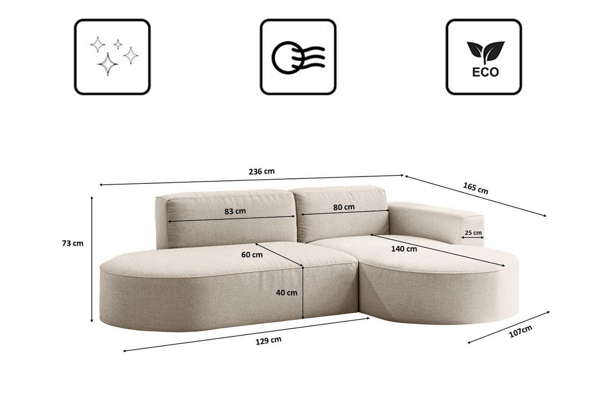 ECKSOFA Modena Studio Falten, Stoff Alpine, Beige Rechts - Beige, Holz (236/165cm) - Kaiser Möbel