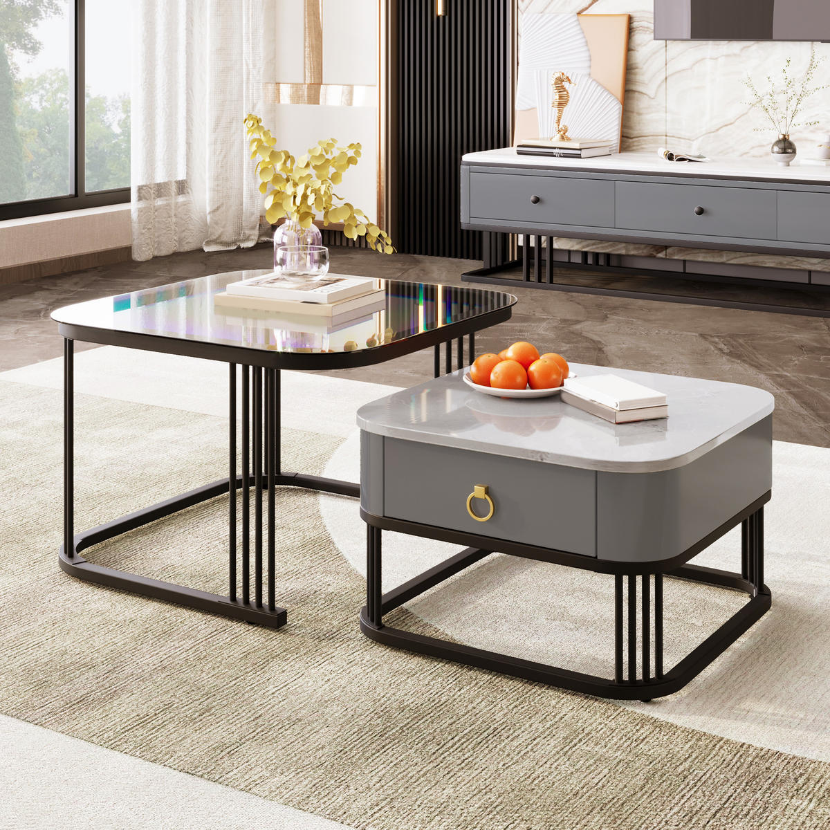 COUCHTISCH 2er-Set Marmoroptik mit Glasplatte und Schubladen - Schwarz, Holzwerkstoff (60/60/42cm) - Korfee