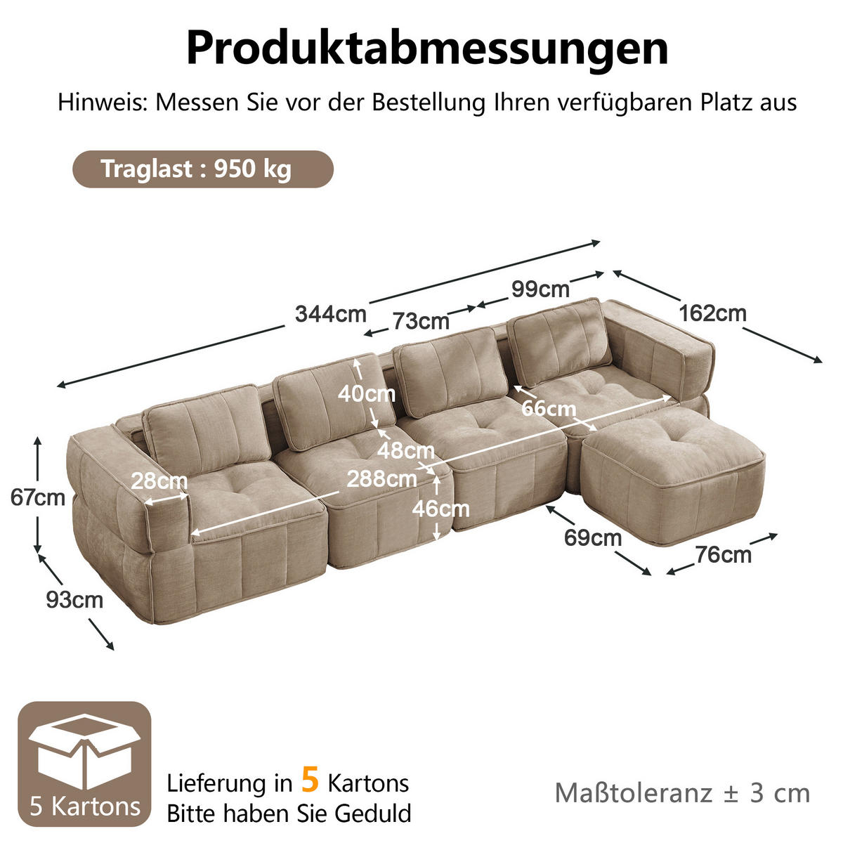 ECKSOFA 344/162/67 cm Sand mit 1 Fußhocker - Sandfarben, Textil (344/162cm) - Oxeza