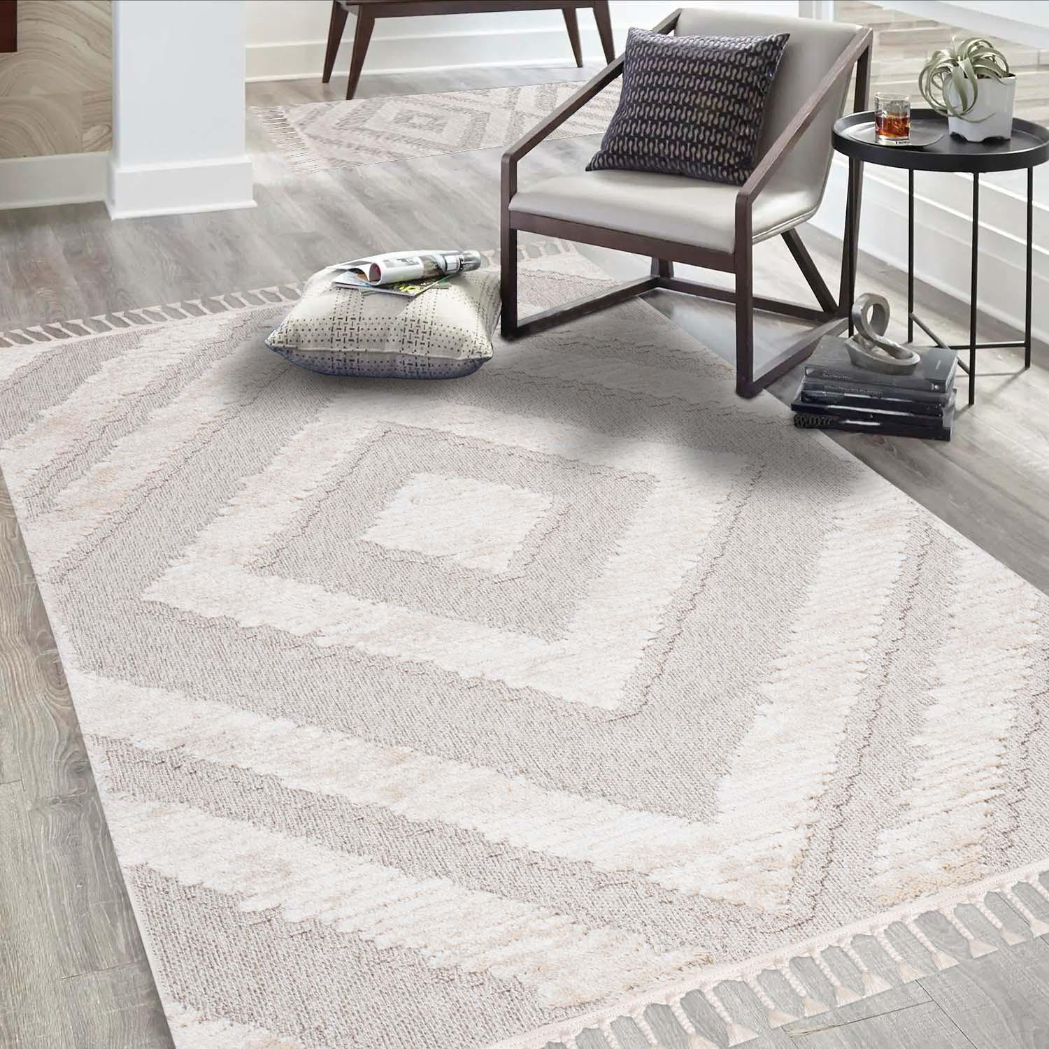 Thumbnail - carpet city Kurzflor-Teppich, Creme, Textil, Rauten, Rechteckig, 120x170 cm, Oeko-Tex® Standard 100, für Fußbodenheizung...
