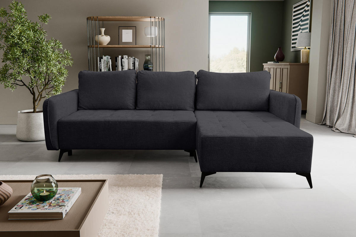 ECKSOFA Lucky in L-Form mit Schlaffunktion und Bettkasten, Farbe: Schwarz, Strukturstoff, Ottomane Links oder Rechts - Schwarz, Textil (275/160cm) - VENASI MÖBEL