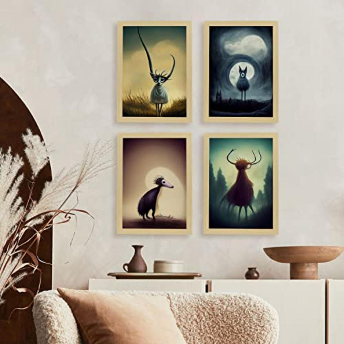 POSTER Set mit 4 Wald Tier im T Burton Goth Stil A3 Weißer Rahmen - Weiß, Papier (29.7/3cm) - Nacnic