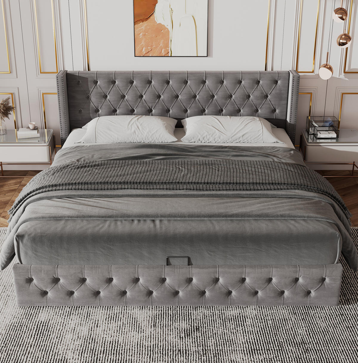 SAMT-POLSTERBETT 140/190 cm mit Bettkasten und gepolstertem Kopfteil - Grau, Textil (140/200cm) - BEAOK