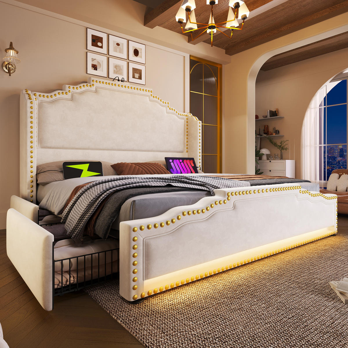 POLSTERBETT 140/200 cm DE-00747, in Beige, LED und 4 Schubladen - Beige, Metall (140/200cm) - ComfortXL