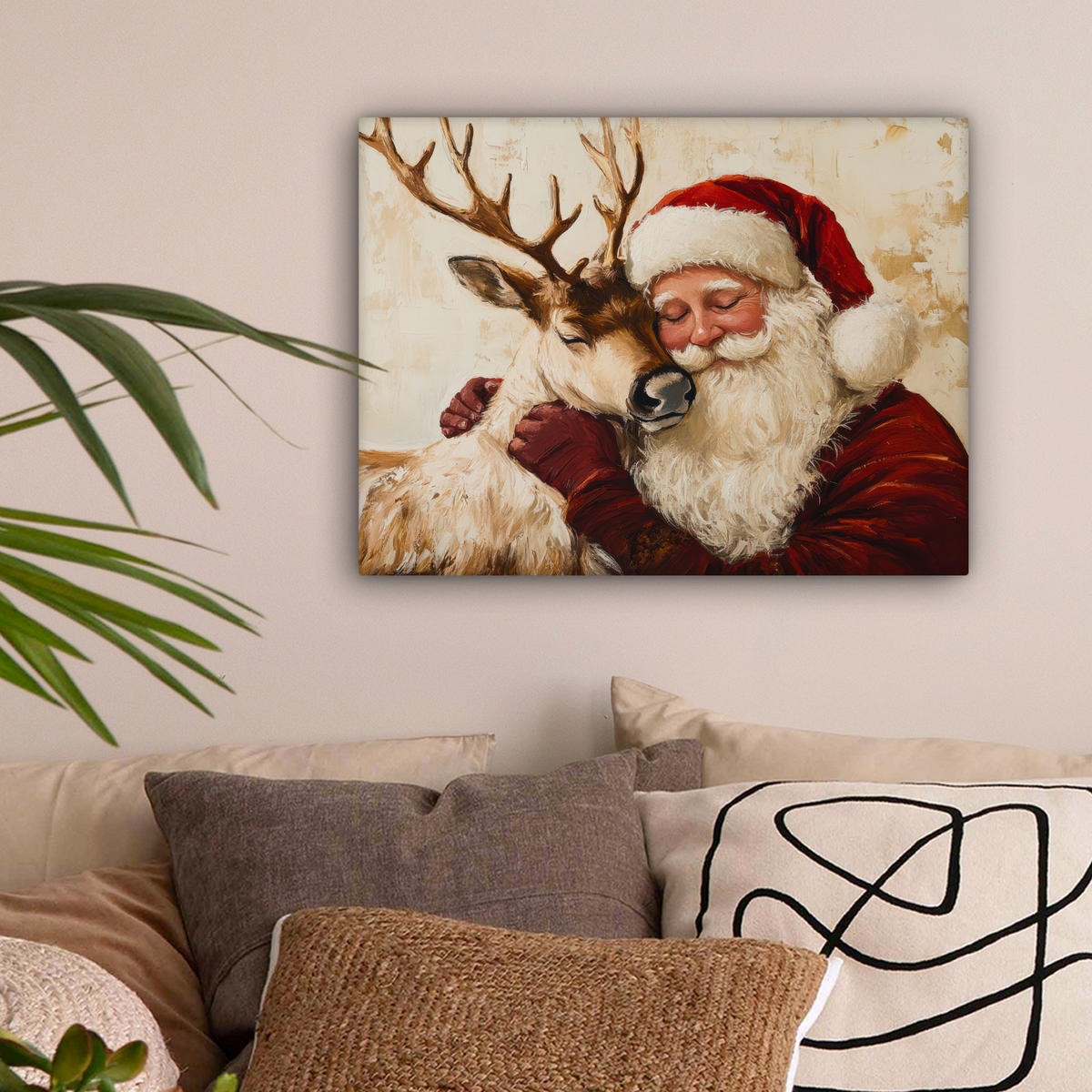 LEINWANDBILD Weihnachtsmann - Rentier - Weihnachten Wandbild 40x30 cm - Rotbraun, Textil (40/30cm) - MuchoWow