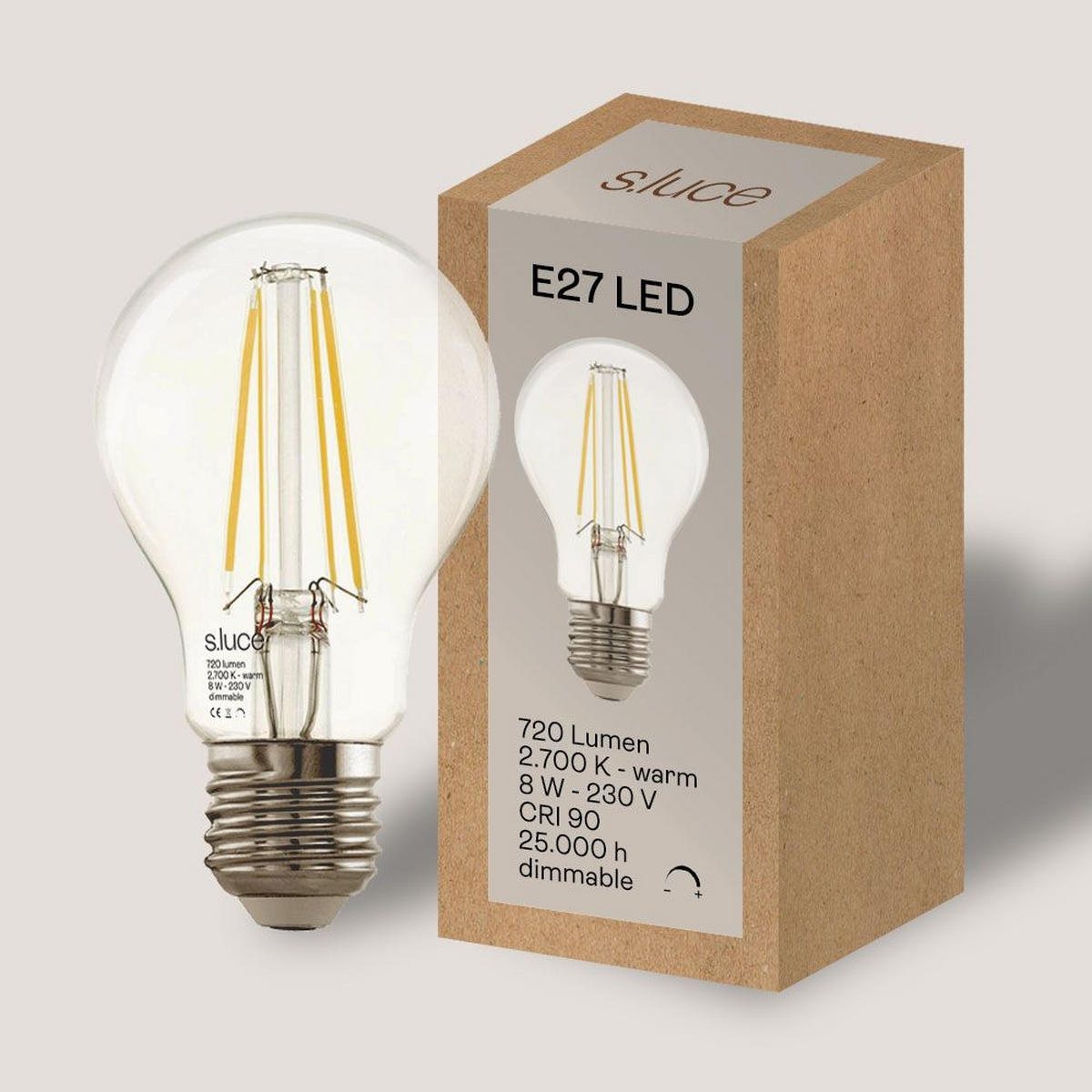 LED-LEUCHTMITTEL E27 Warmweiß 2700K 720lm 8W Dimmbar CRI 90 - Klar, Metall (5.8/11.6cm) - s.luce