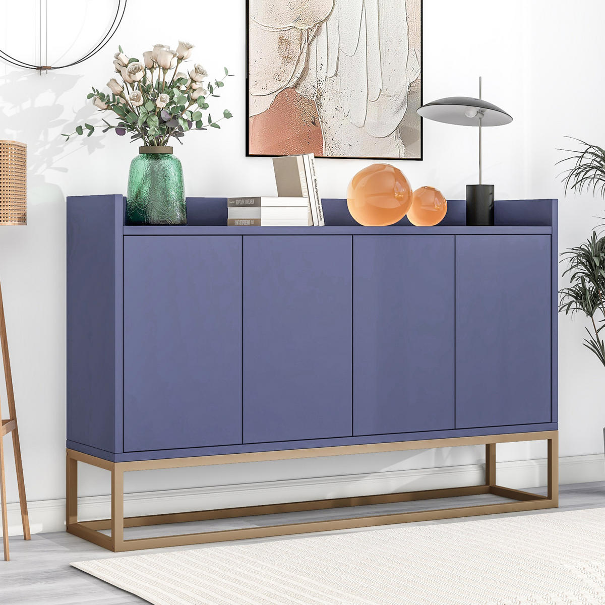 SIDEBOARD, Kommode mit 4 Türen, Verstellbaren Einlegeböden und goldenen Metallrahmen, Blau - Blau, Holz (30/80/120cm)
