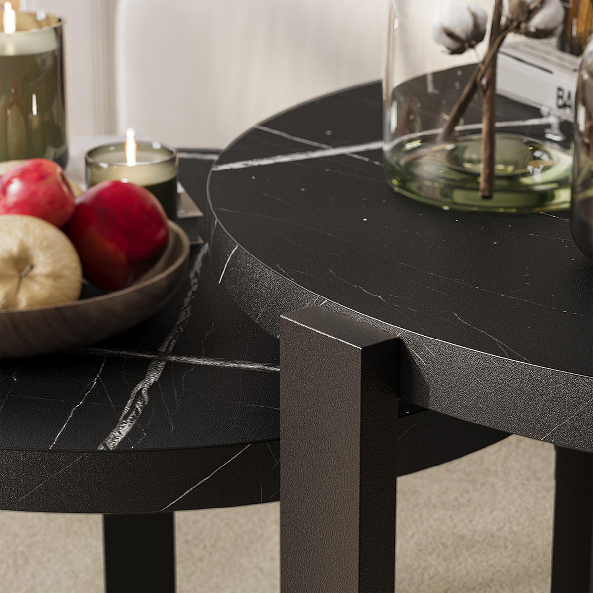 SET MASUTA DE CAFEA Norin, Marmură neagră/Negru, 60 x 60 cm - negru cu luciu intens/negru, compozit lemnos (60/60/45cm) - Vicco