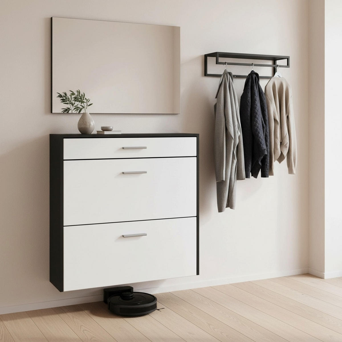 HÄNGENDER-SCHUHSCHRANK Roma Air Schmal mit 2 Klappen und 1 Schublade, Platzsparender Schuhkipper, Schwarz/Weiß matt (89 x 87 x 23 cm) - Weiß, Holzwerkstoff (89/87/23cm) - InnoFurn