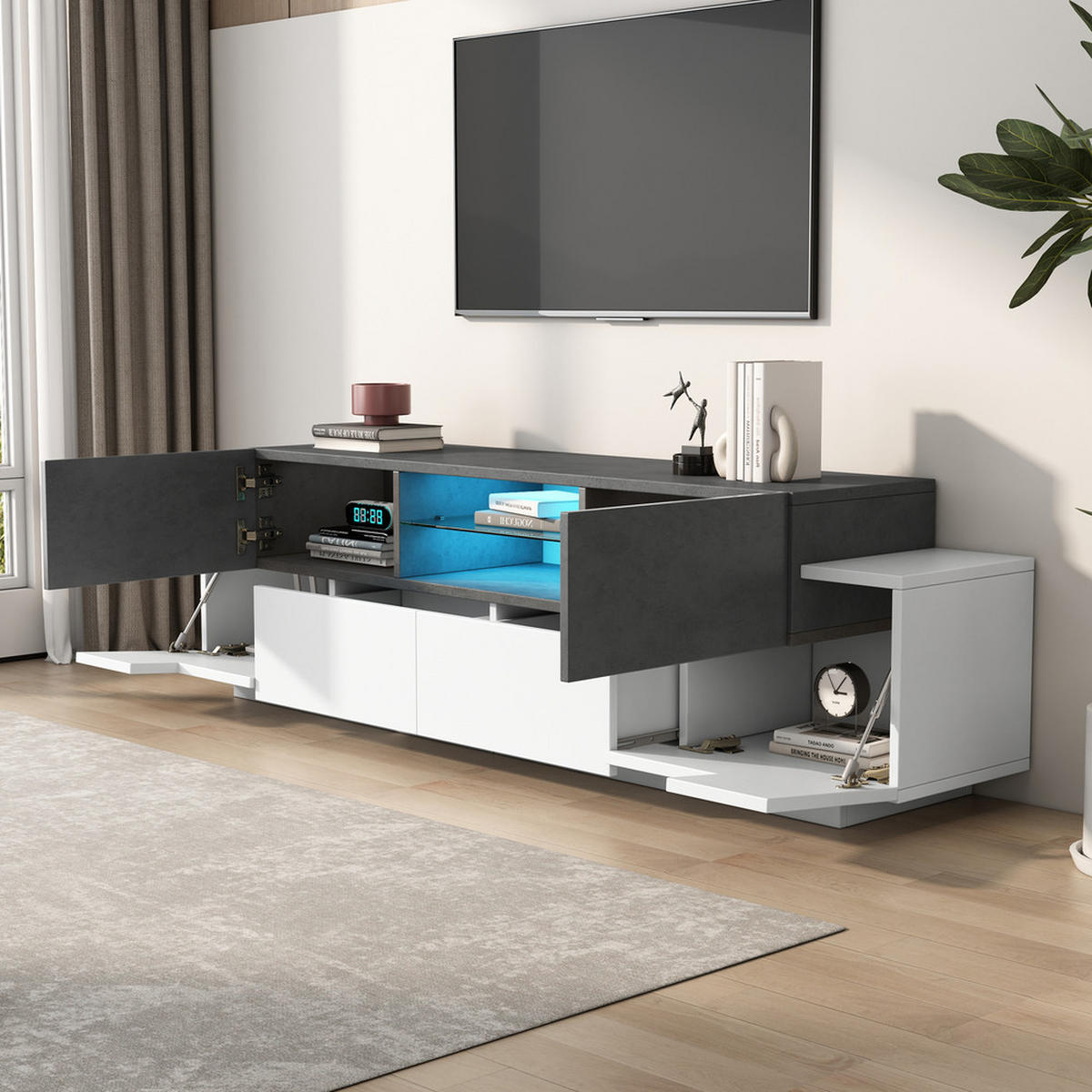 TV-SCHRANK Modern Lowboard LED-Beleuchtung Glasböden Weiß-Grau bis 80 Zoll - Weiß, Holz (48.26/18.42/99.06cm) - FLIEKS
