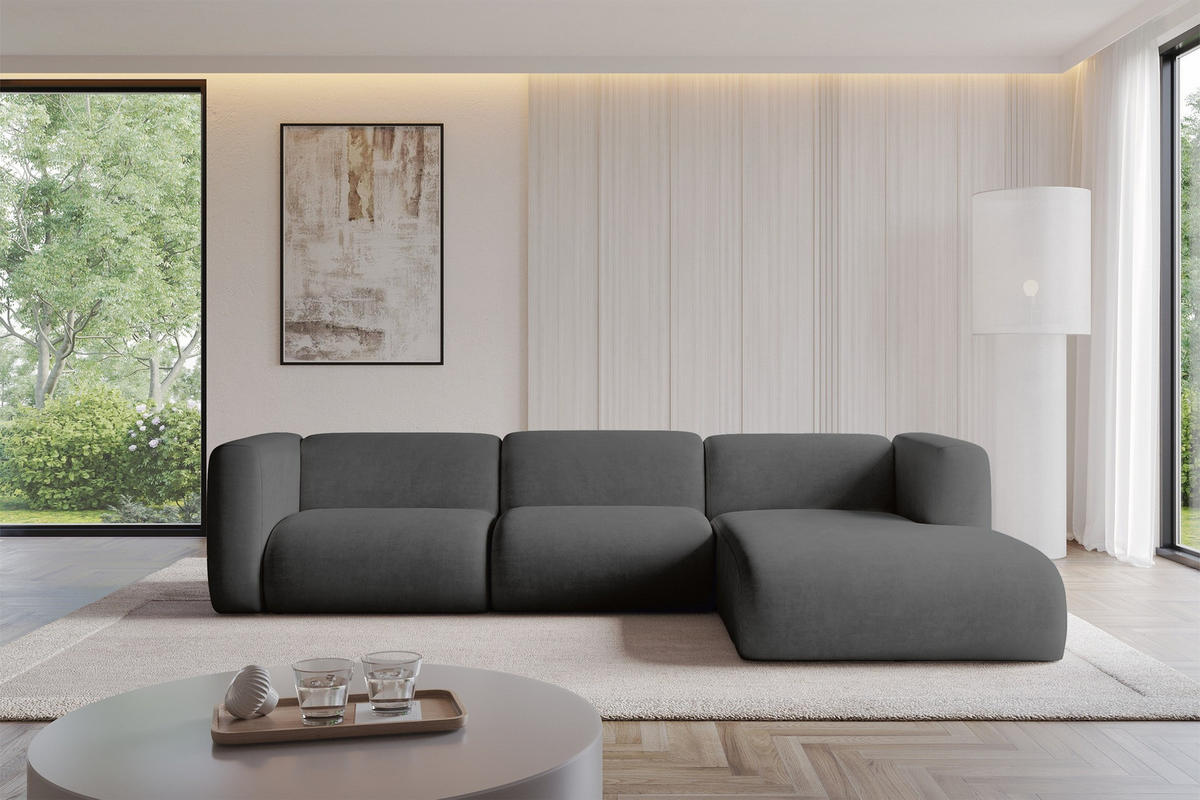 ECKSOFA Ottomane Rechts MIRA-L2 318x179x89 Dunkelgrau Velours - Dunkelgrau/Schwarz, Holzwerkstoff/Kunststoff (318/179cm) - ALTDECOR