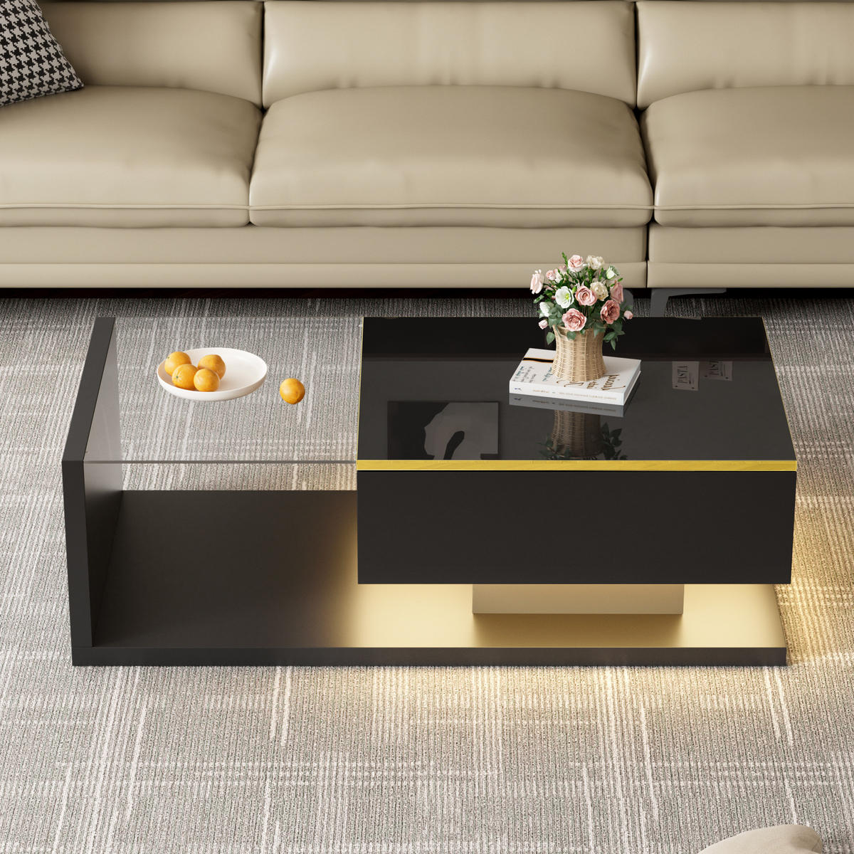 COUCHTISCH 100/50/32,5 cm in Hochglanz-Schwarz mit Glas und LED-Beleuchtung - Schwarz, Holzwerkstoff (100/50/32.5cm) - Flora Grace