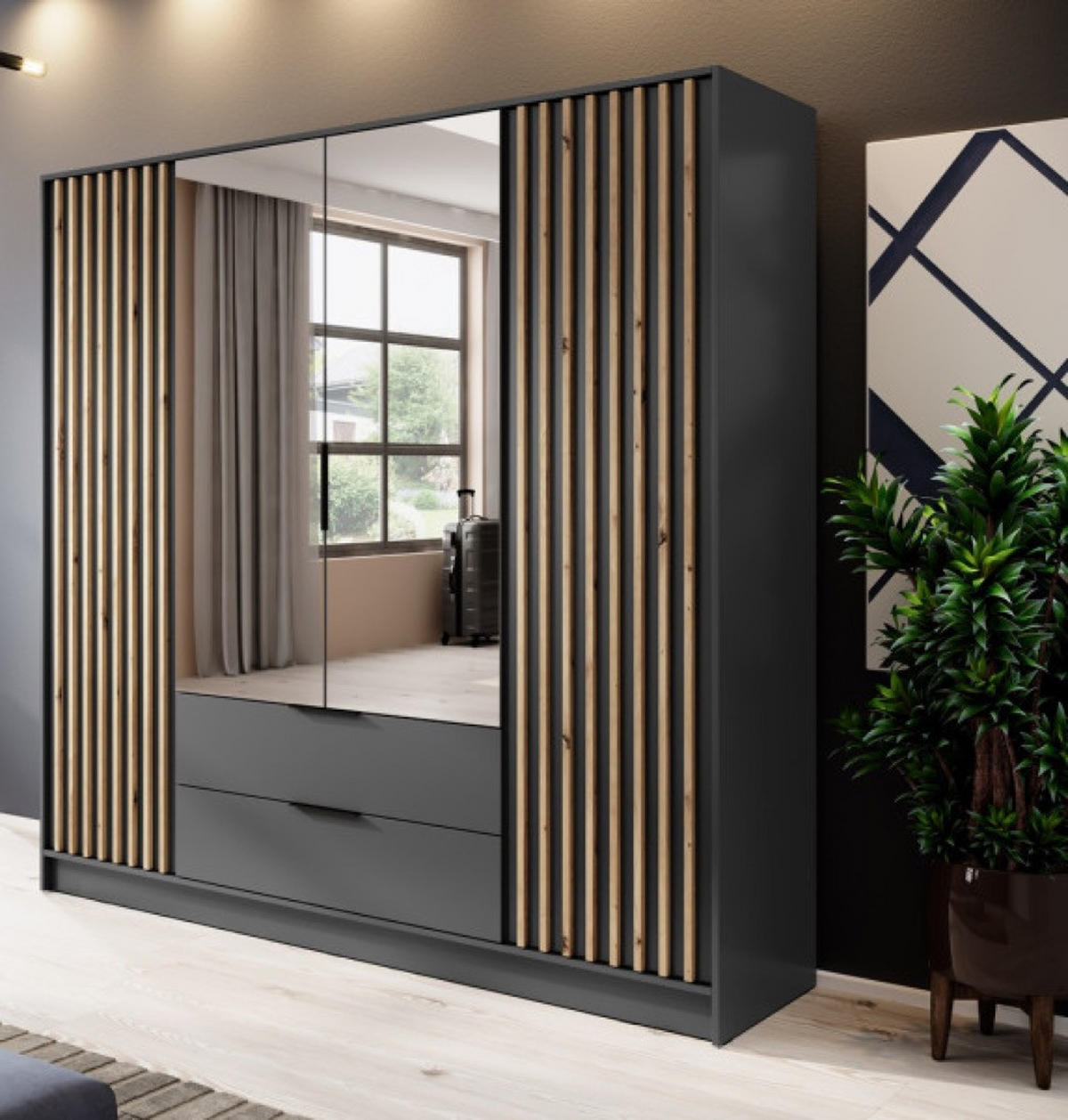 SCHRANK Grafit Kelly Mit Lamellen Und Spiegel 206 cm - Transparent/Graphitfarben, Holzwerkstoff (206/200/51cm) - Sepro Meble
