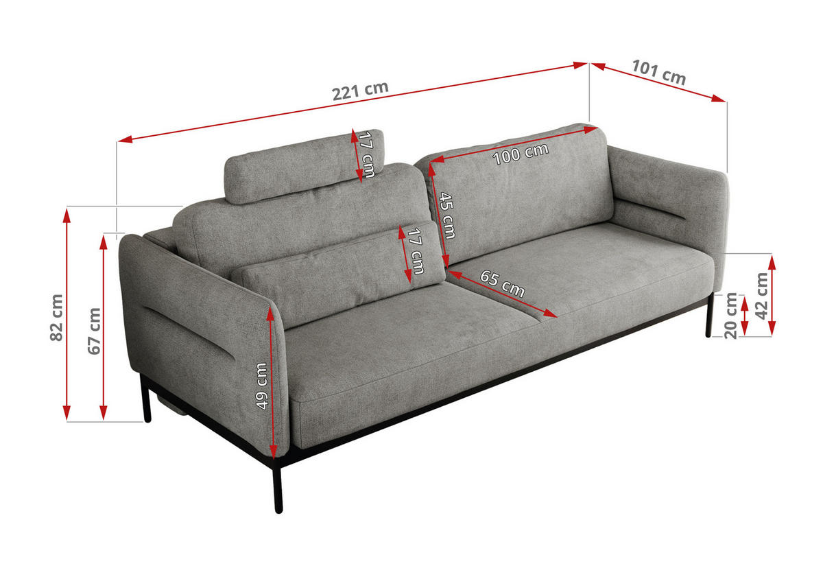 SOFA SALENTO Hellgrau Struktur - Hellgrau/Schwarz, Textil/Metall (221/82/101cm) - MKS