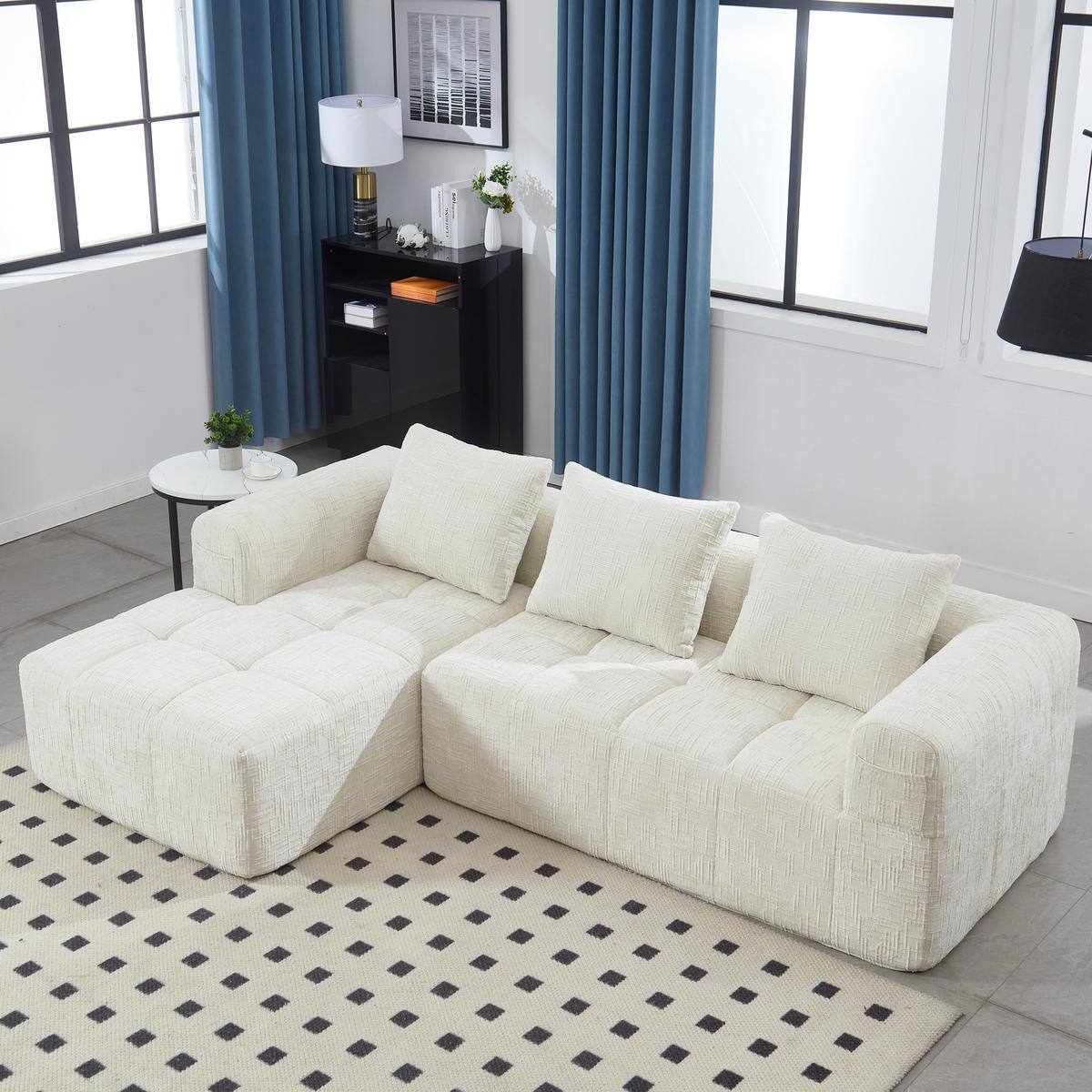 ECKSOFA Chenille Beige mit Kissen und Seitentaschen - Beige, Textil (250/158cm) - WISHDOR