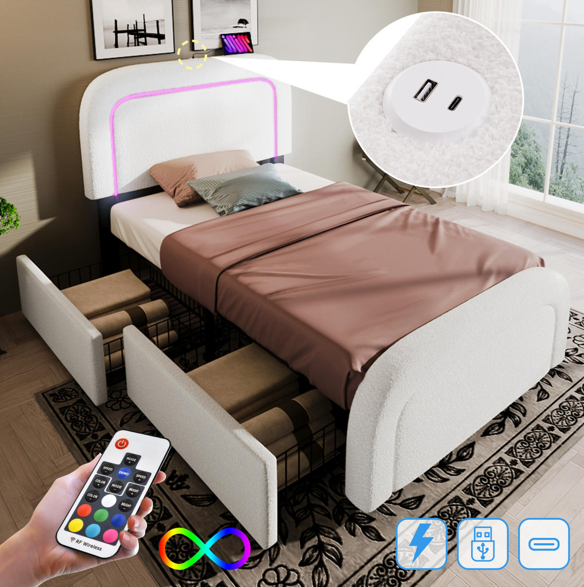 POLSTERBETT 90/200 cm aus Sherpa mit LED-Beleuchtung, USB-C und 2 Schubladen Weiß - Weiß, Fell (90/200cm) - Modenvie