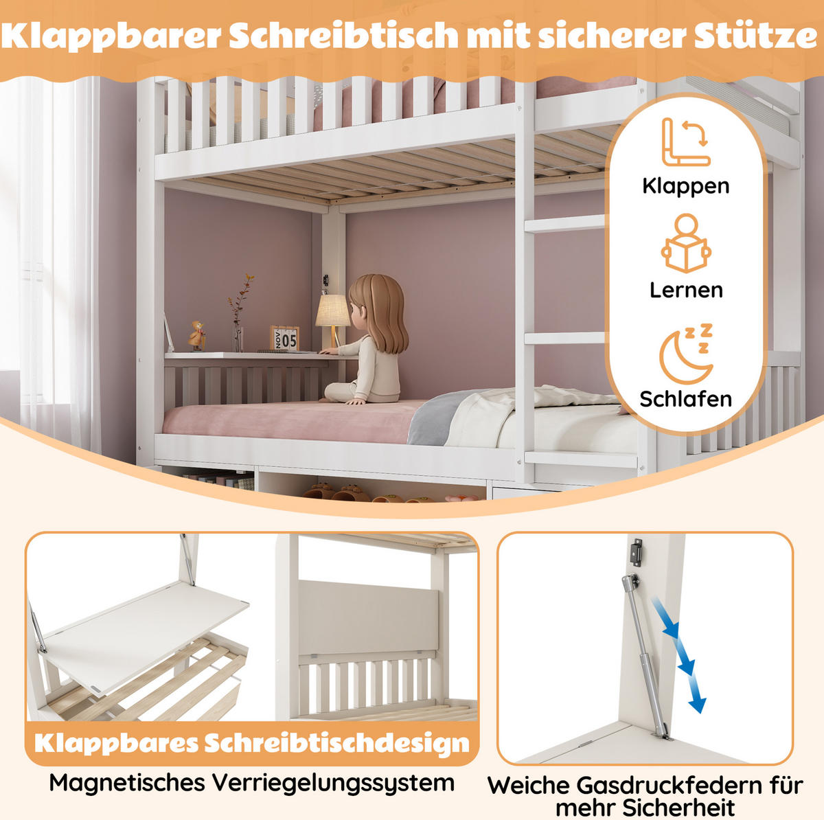 ETAGENBETT 90x200 cm in Weiß mit klappbarem Tisch und Schuhregal - Weiß, Holzwerkstoff (90/200cm) - IVMEU