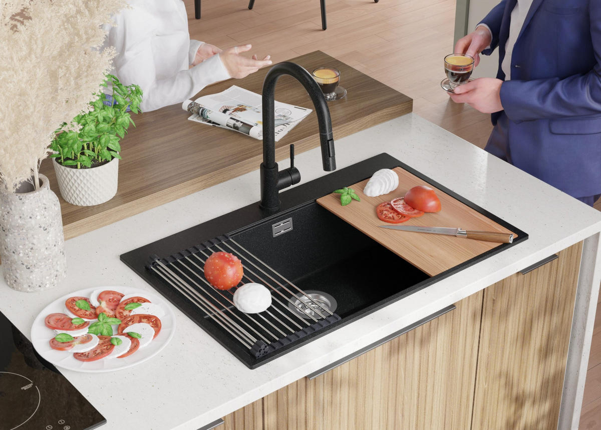 SPÜLBECKEN Oslo, 2-er set Anthrazit 78/50 cm 1 Becken + Ablauf-Set + Schneidebrett ab 80er Unterschrank - Chromfarben/Anthrazit, Kunststoff (78/20/50cm) - Primagran