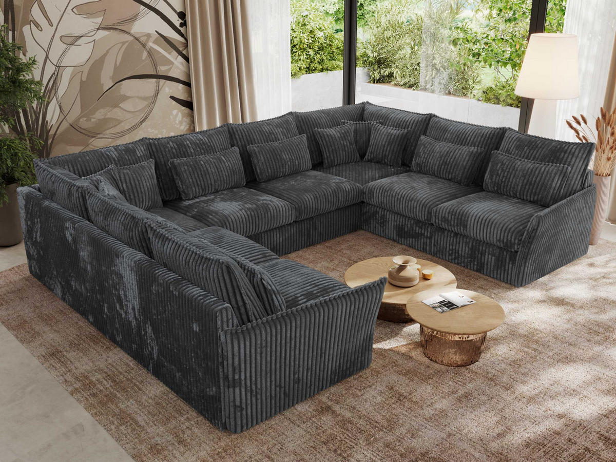 WOHNLANDSCHAFT VERSO U 8M Dunkelgrau Cord - Dunkelgrau/Schwarz, Kunststoff/Textil (362/93/270cm) - MKS