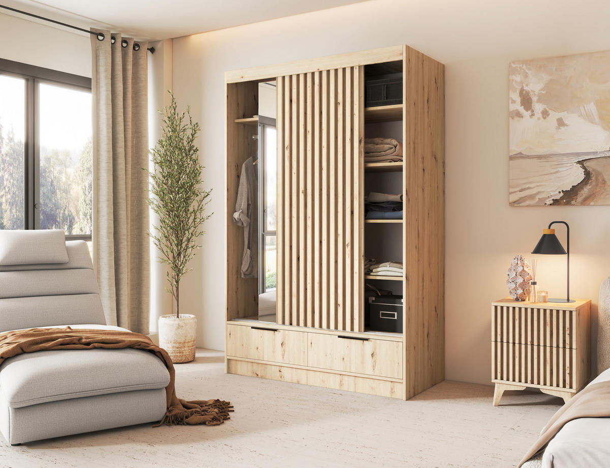 SCHIEBETÜRENSCHRANK - Schrank Yoga 120 mit Spiegel - Eiche Artisan - Schwarz/Eiche Artisan, Holzwerkstoff/Metall (120/204/60cm) - Möblo