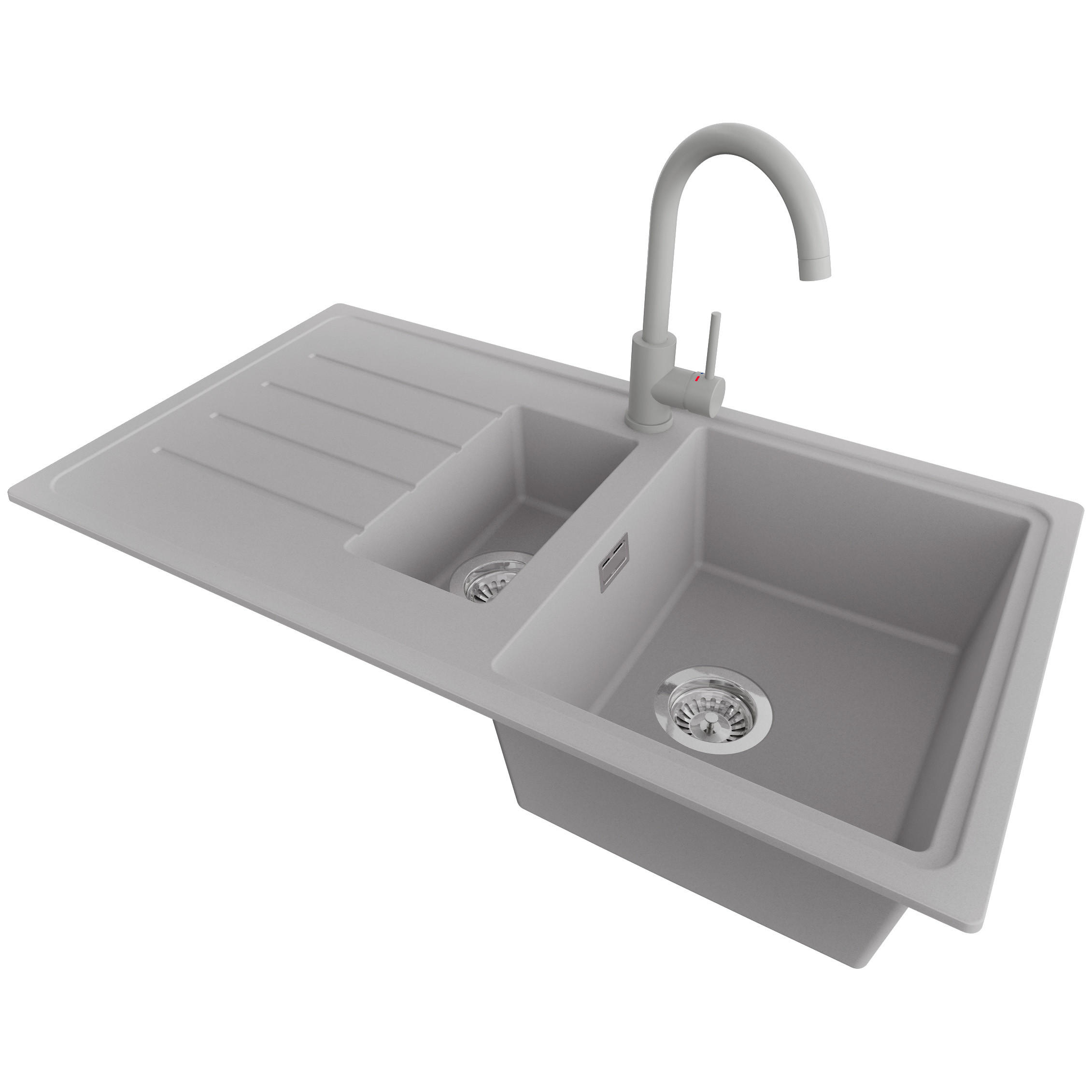 GRANITSPÜLE - Kopenhagen, 3-er set Grau 90/50 cm, 1,5 Becken + Küchenarmatur 32/20 cm + Ablauf-Set ab 60er Unterschrank - Chromfarben/Grau, Kunststoff (90/19/48cm) - Primagran