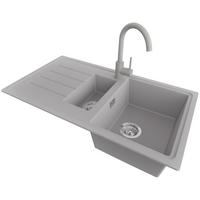 GRANITSPÜLE - Kopenhagen, 3-er set Grau 90/50 cm, 1,5 Becken + Küchenarmatur 32/20 cm + Ablauf-Set ab 60er Unterschrank - Chromfarben/Grau, Kunststoff (90/19/48cm) - Primagran