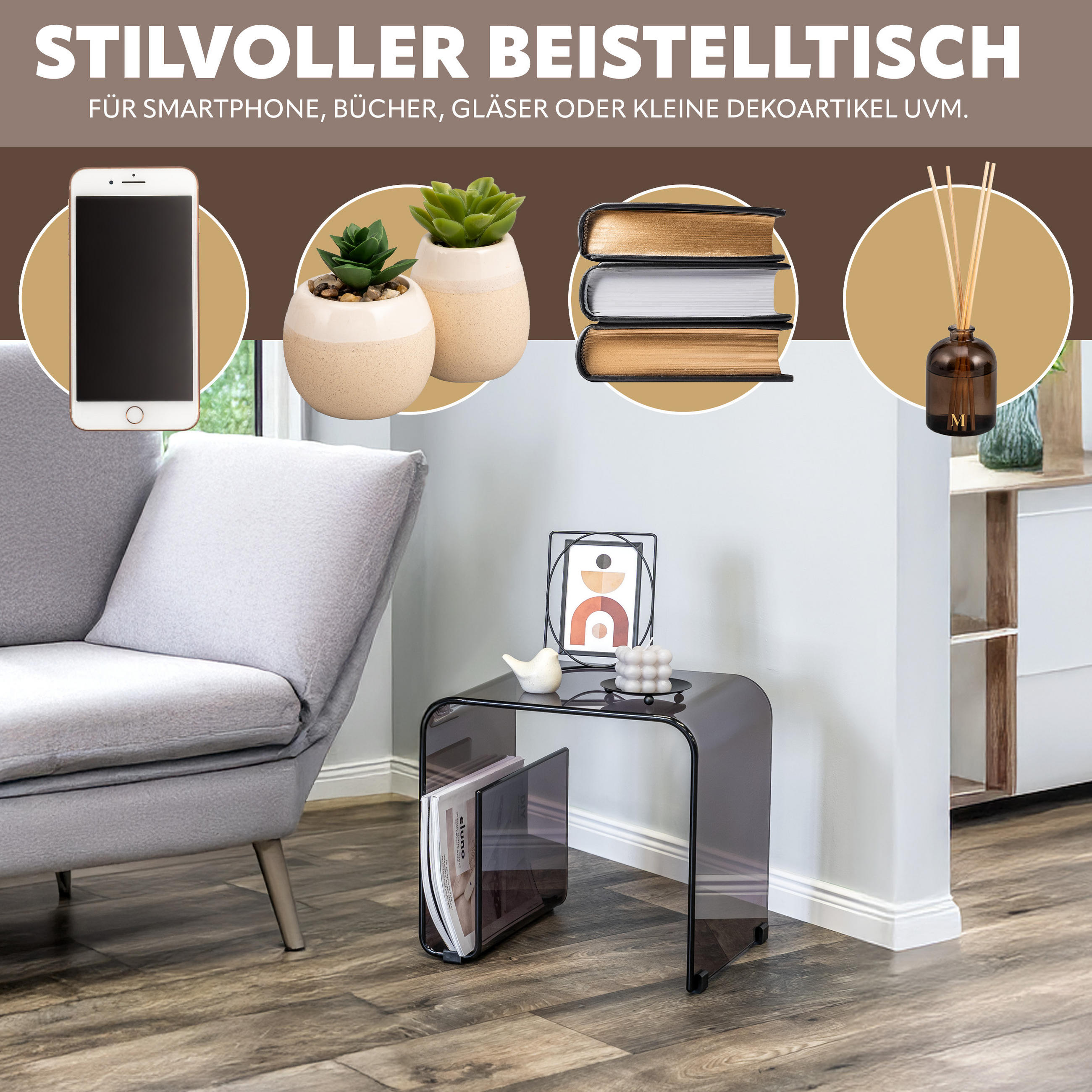 BEISTELLTISCH MIT MAGAZINHALTER Acryl schwarztransparent - Anthrazit, Kunststoff (30/38.5/35.5cm) - eluno