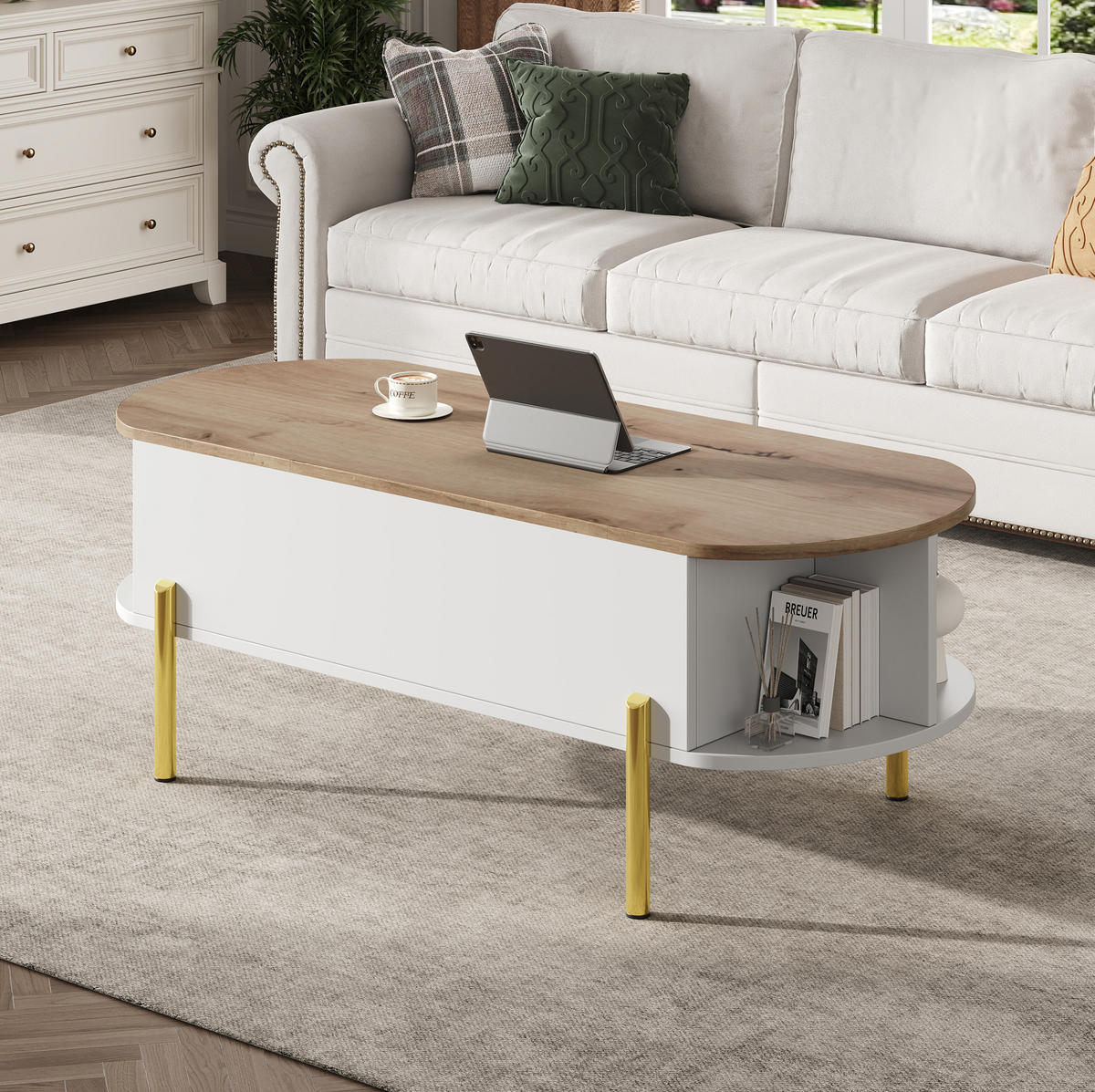 COUCHTISCH 120/50/43 cm aus MDF mit höhenverstellbarer Tischplatte und verstecktem Stauraum, Weiß/Naturholz - Weiß, Holzwerkstoff (120/50/43cm) - Redom
