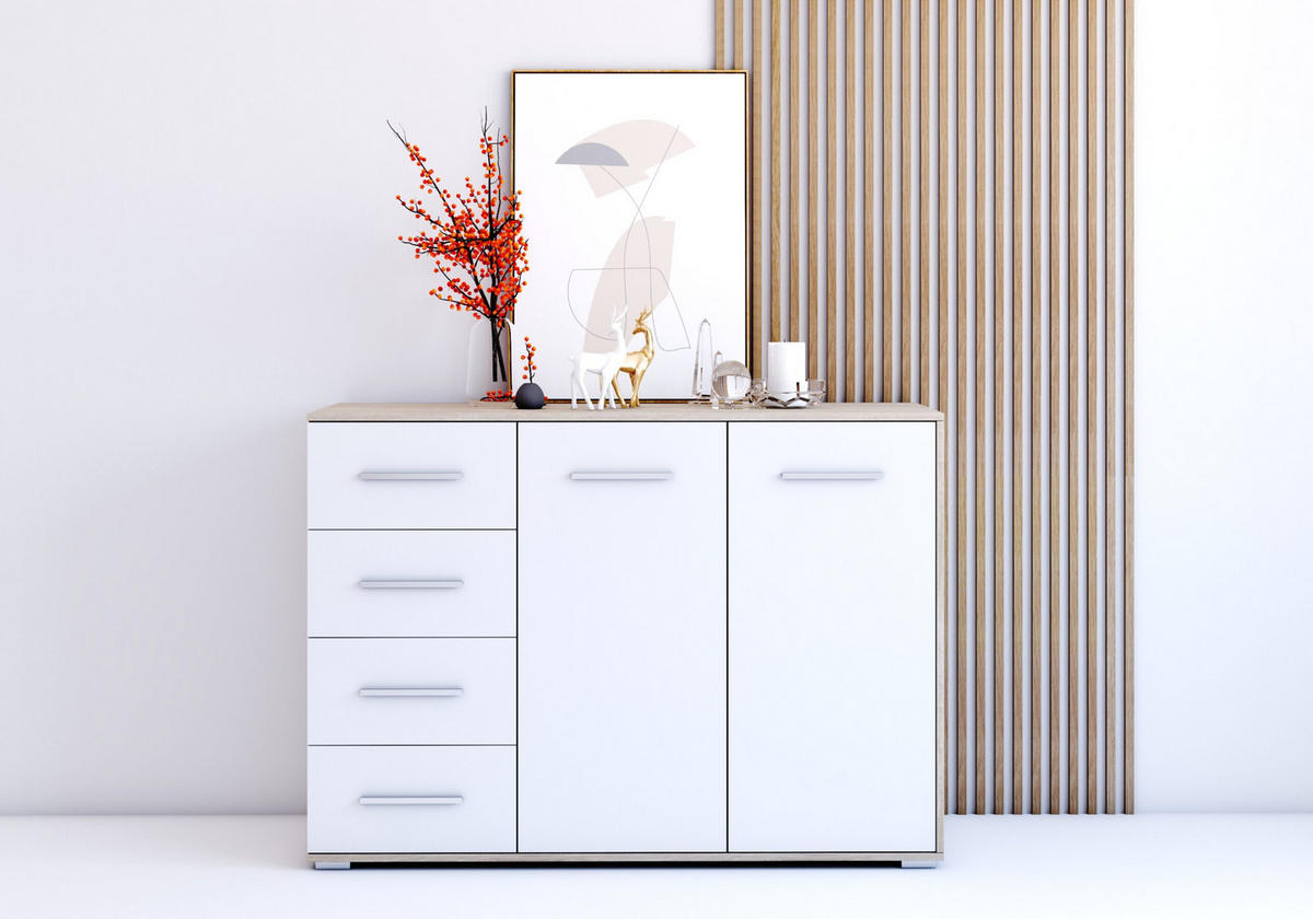 KOMMODE - Highboard IRYS 01 2D4S Sonoma + Weiß - Weiß/Sonoma Eiche, Holzwerkstoff (135/95/45cm) - Möblo