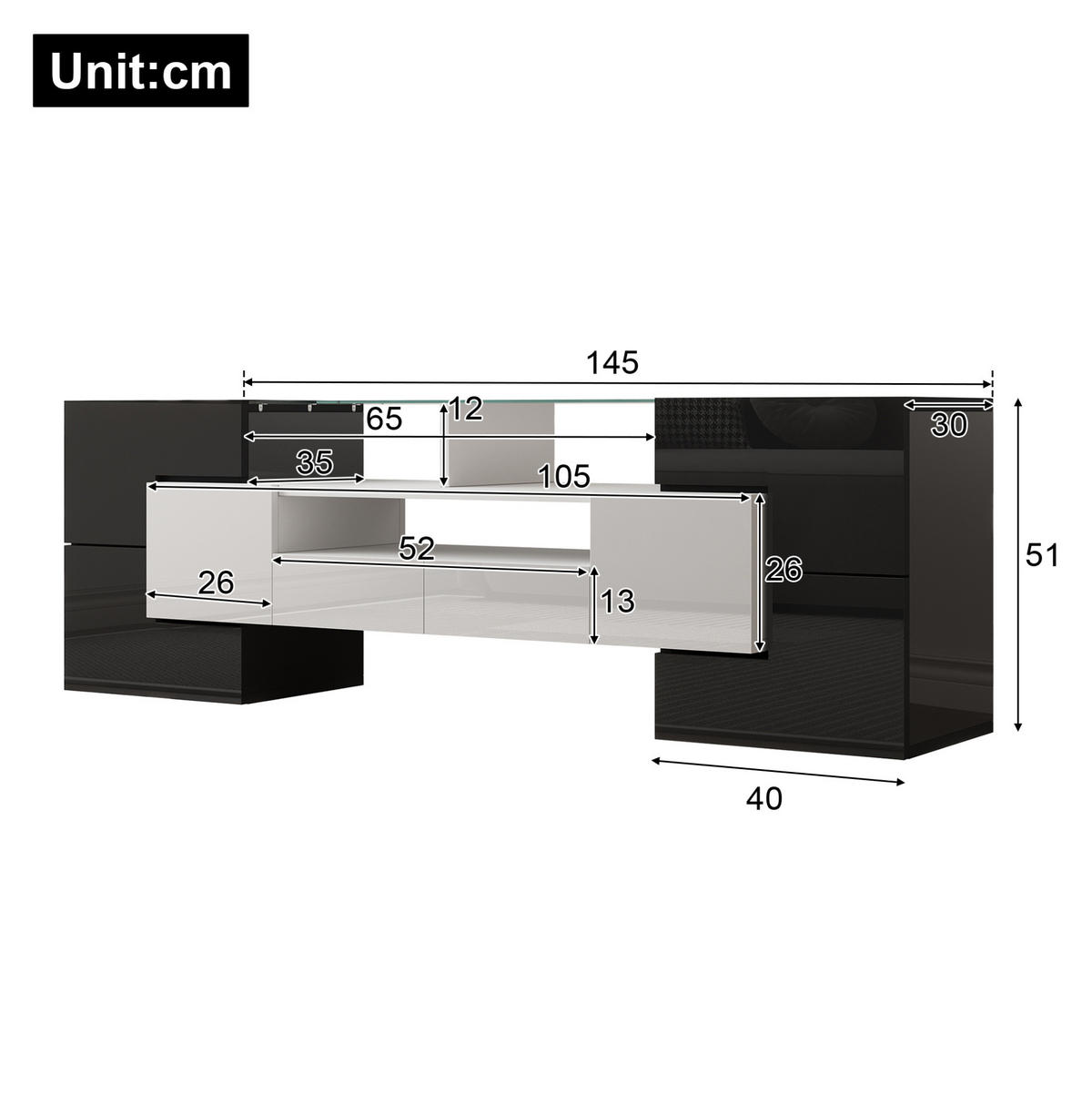 TV-LOWBOARD aus MDF und Spanplatte 145x30x51 cm Weiß/Schwarz mit LED-Beleuchtung und Stauraum - Weiß, Holzwerkstoff (145/51/30cm) - IVMEU