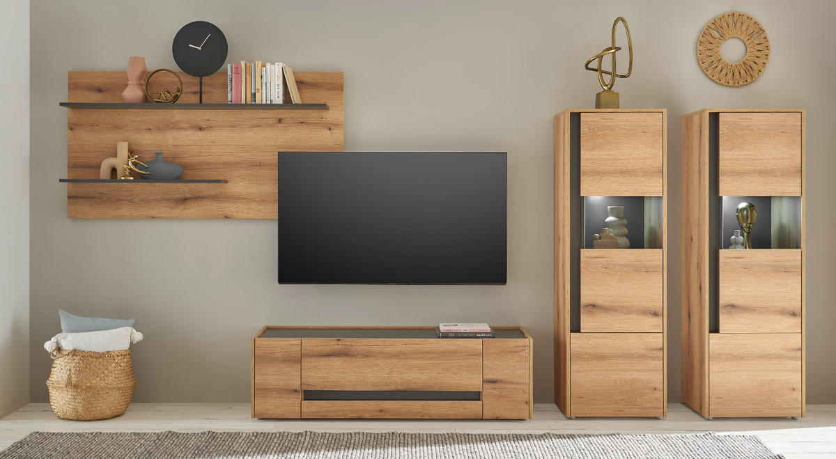 WOHNWAND Evoke Eiche, grau, Wohnkombination Set 4-teilig, 340 cm - Eichefarben/Grau, Glas/Holz (340/170/45cm) - Furn.Design