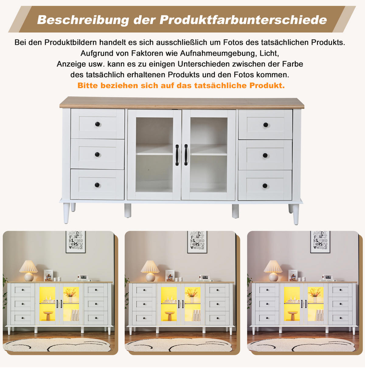 SIDEBOARD 150/40/75 cm mit 2 Acryltüren, 6 Schubladen & LED in Weiß/Holzoptik - Weiß, Holzwerkstoff (150/75/40cm) - BEAOK