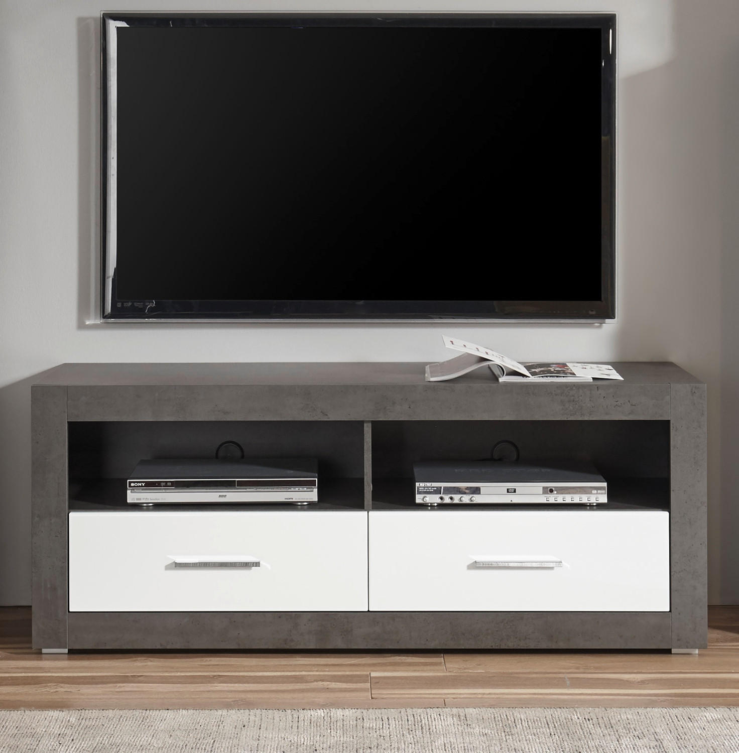 TV-LOWBOARD weiß Hochglanz, grau Stone, TV Unterteil mit Komforthöhe 150 cm - Chromfarben/Weiß Hochglanz, Holzwerkstoff/Kunststoff (150/61/45cm) - Furn.Design