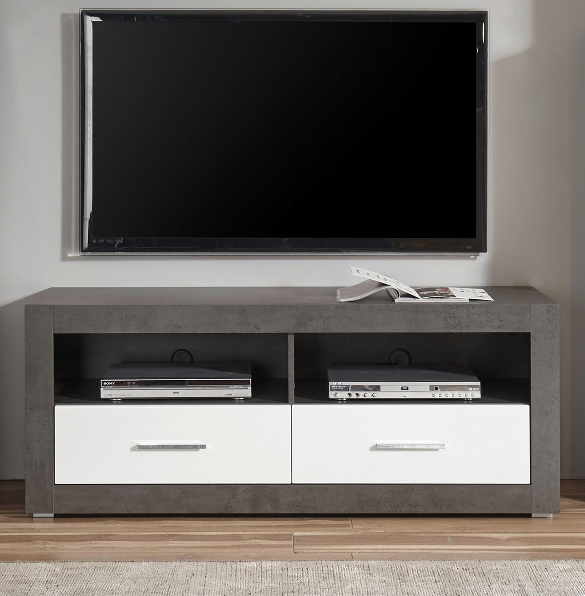 TV-LOWBOARD weiß Hochglanz, grau Stone, TV Unterteil mit Komforthöhe 150 cm - Chromfarben/Weiß Hochglanz, Holzwerkstoff/Kunststoff (150/61/45cm) - Furn.Design