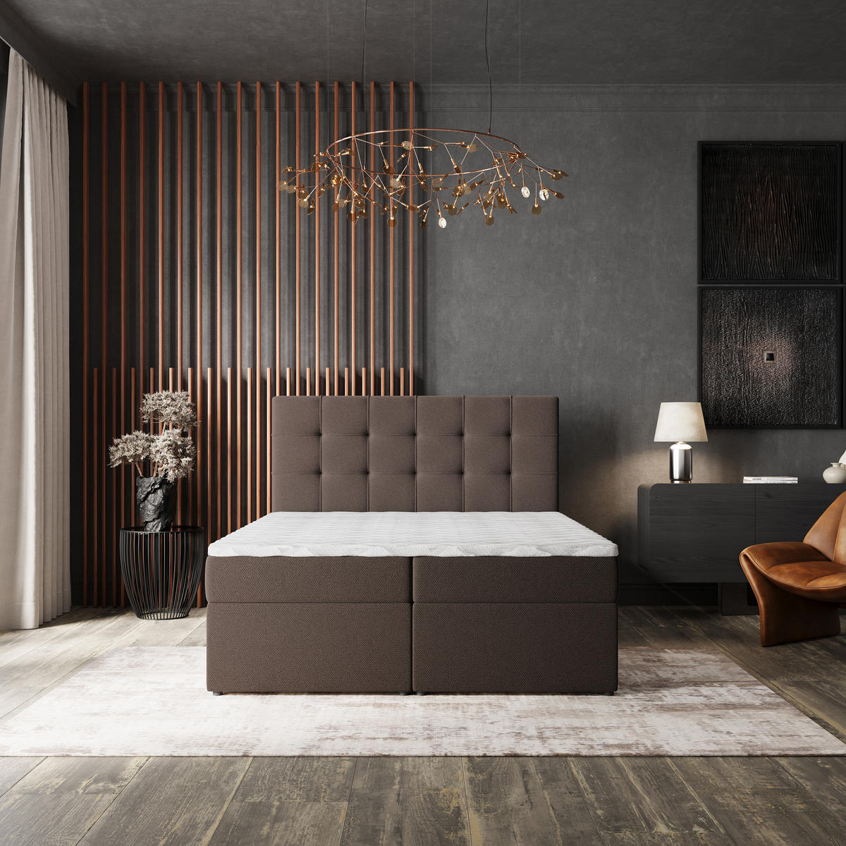 BOXBETT PALMA 140x200 cm mit Matratze und Topper, H2+H3 - Braun - Braun, Holz (140/200cm) - MASSENO