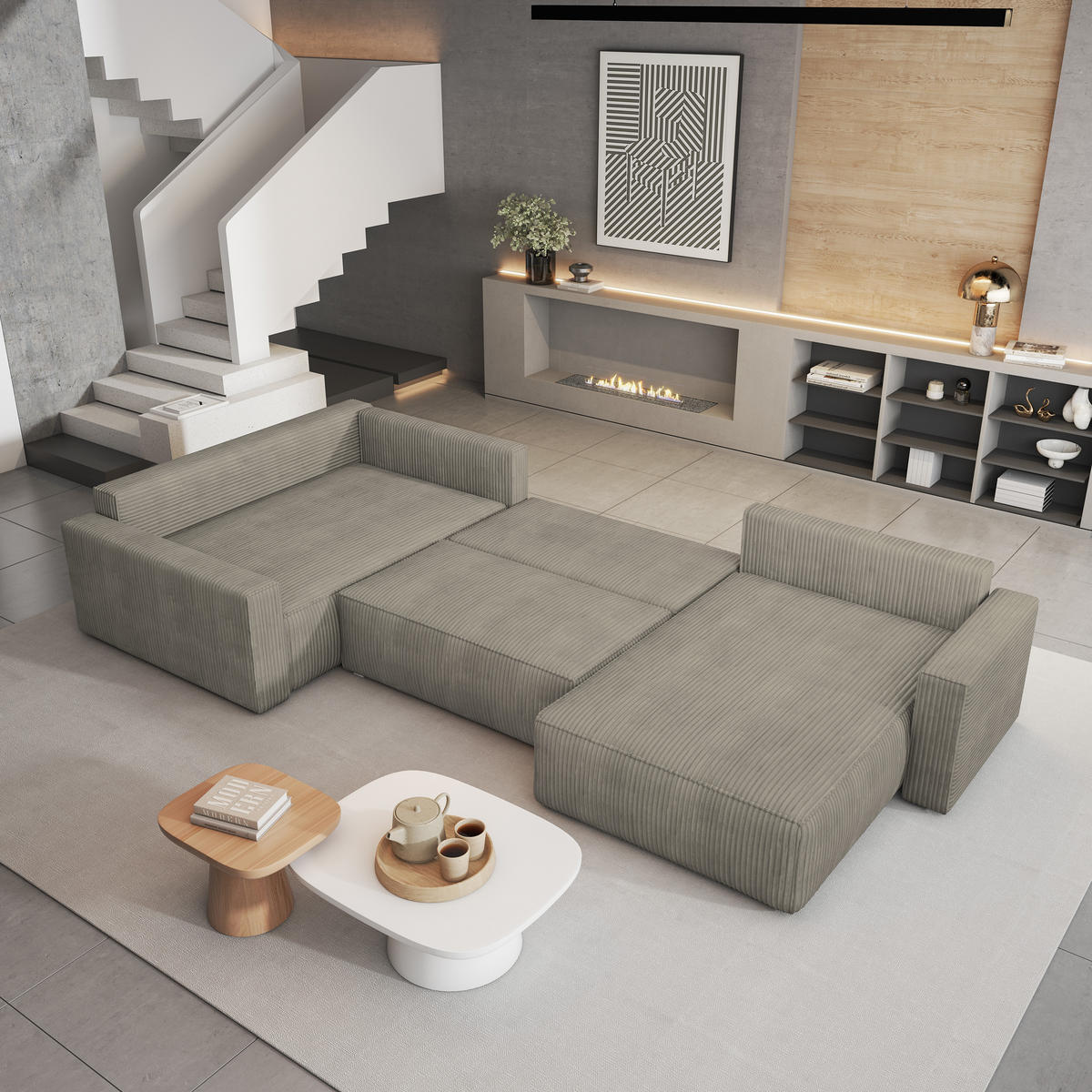 WOHNLANDSCHAFT VELAMI L-S Beige Kordstoff mit Schlaffunktion - Beige, Holz (365/83/194cm) - MASSENO