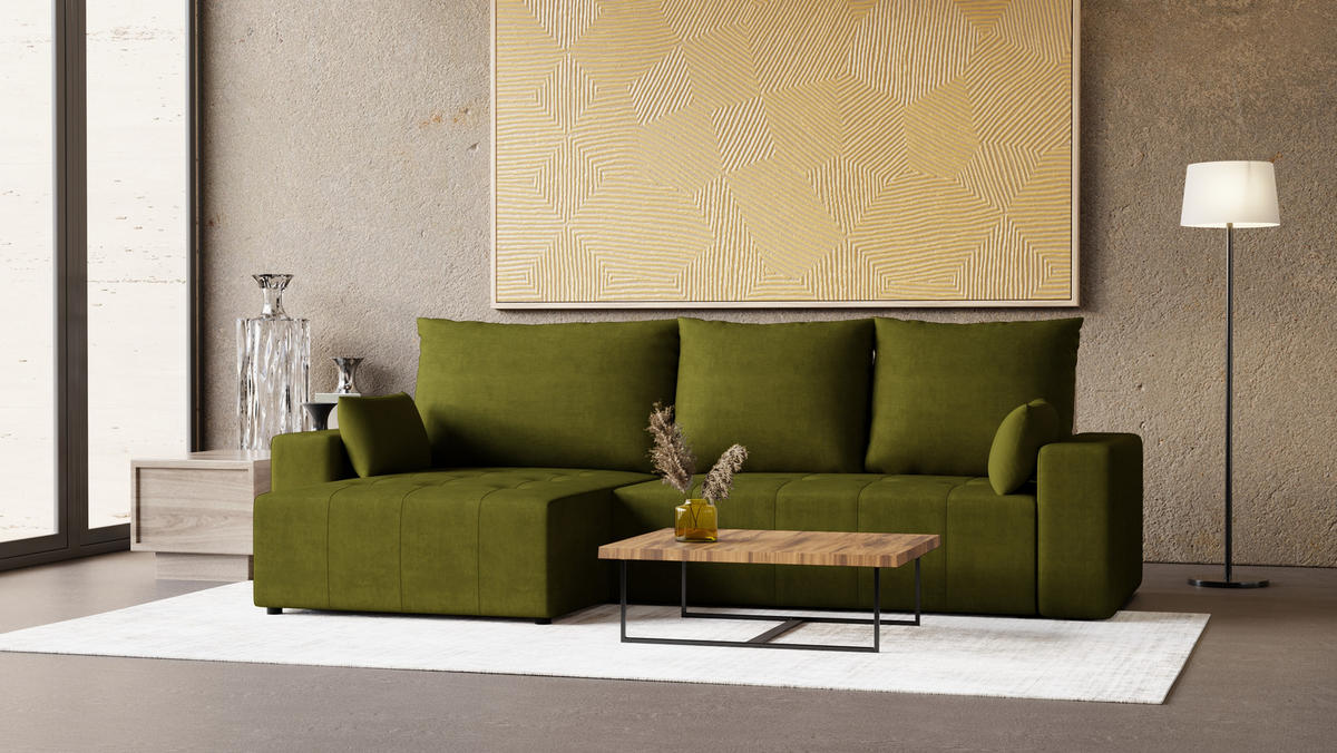 ECKSOFA Tico mit Bettkasten und Schlaffunktion, L-Form/XL-Form, Velourstoff, Universal - Olivgrün, Holzwerkstoff (276/145cm) - 4ALL HOME