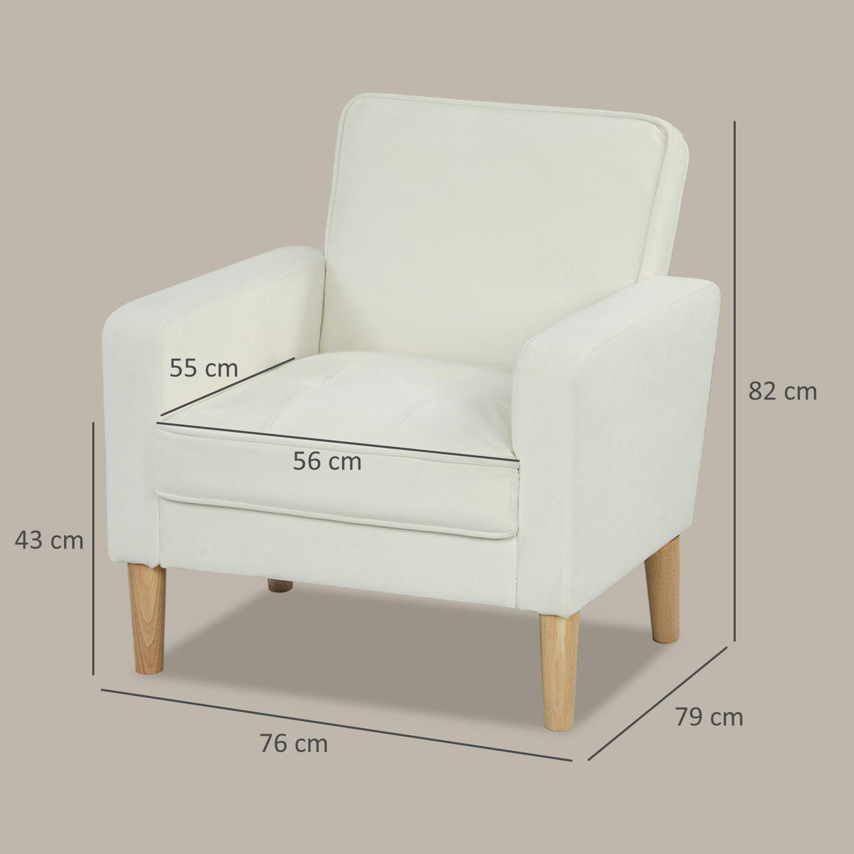 SOFA Polyester Gummiholz Cremeweiß - Creme/Naturfarben, Holz/Textil (76/82/79cm) - HOMCOM