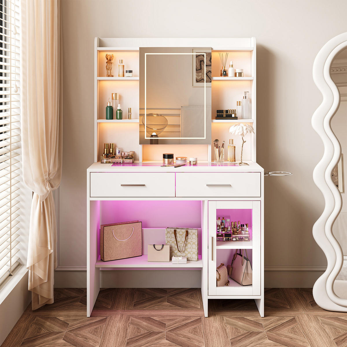 SCHMINKTISCH mit LED-Spiegel, Steckdosenleiste und Schubladen, Frisiertisch modern - Weiß, Holz (40/145/90cm) - PARAFTA HOME