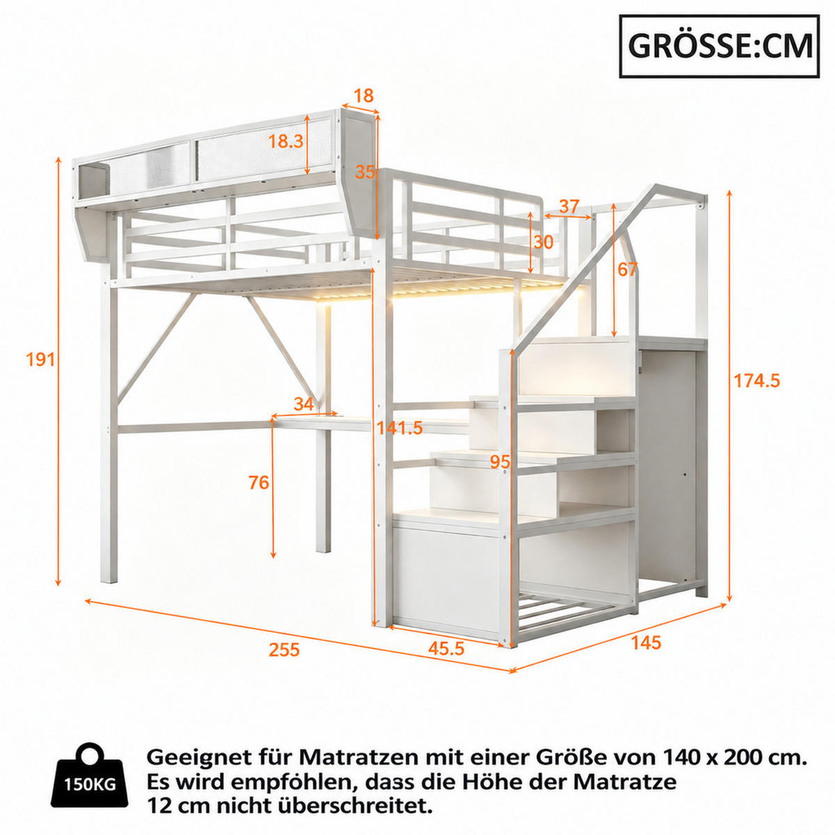 HOCHBETT 140/200 cm Weiß mit Langer Schreibtisch, Stauraumtreppe und LED-Beleuchtung - Weiß, Metall (140/200cm) - Oxeza